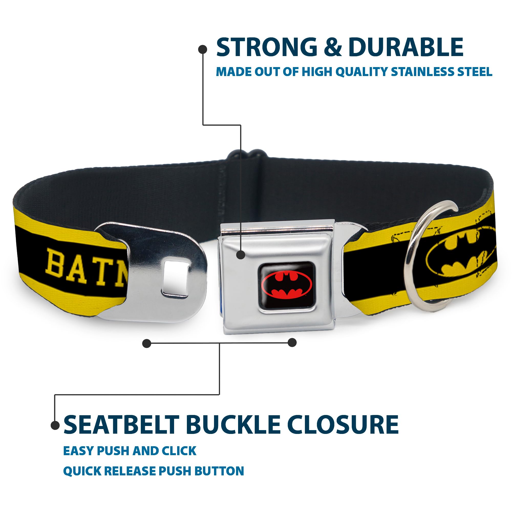Dog Collar Seatbelt Buckle Batman Logo Stripe Yellow Black 15 To 26 Inches 1.0 Inch Wide