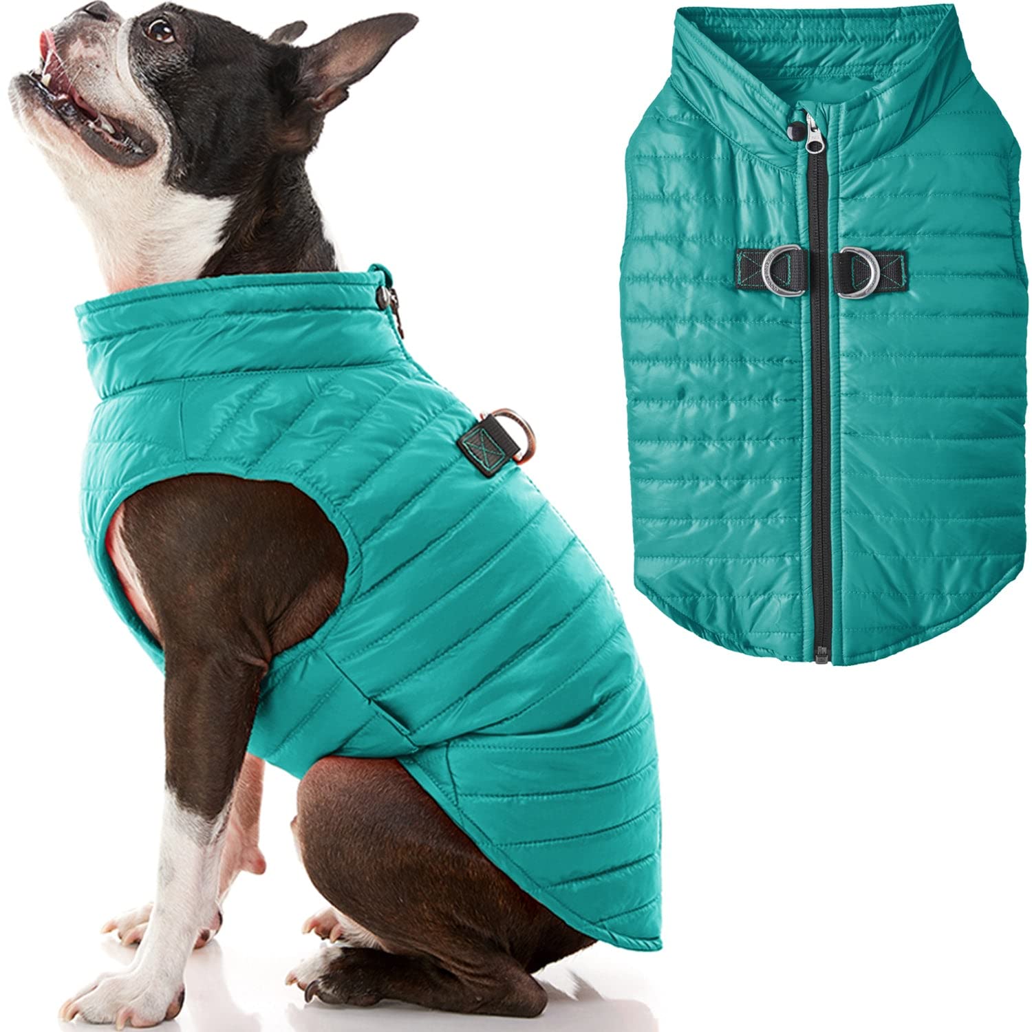 Gooby Puffer Vest Dog Jacket - Turquoise, Small - Ultra Thin Zip Up Wind Breaker With Dual D Ring Leash - Water Resistant Small 