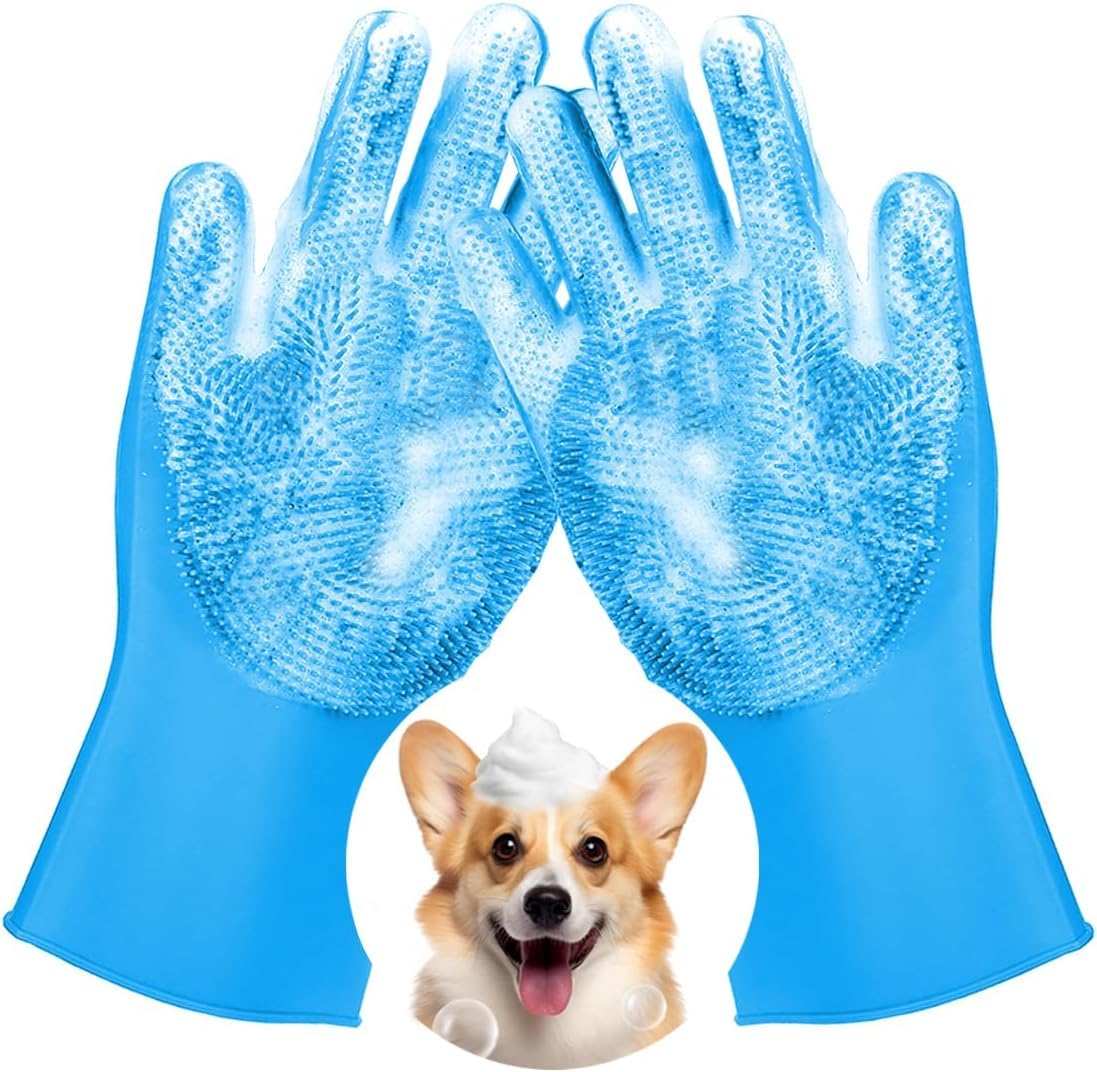 Docrok Pet Grooming Gloves, Heat Resistant Cat Bathing Gloves With Silicone Dog Bathing Gloves With Enhanced Five Finger Design,