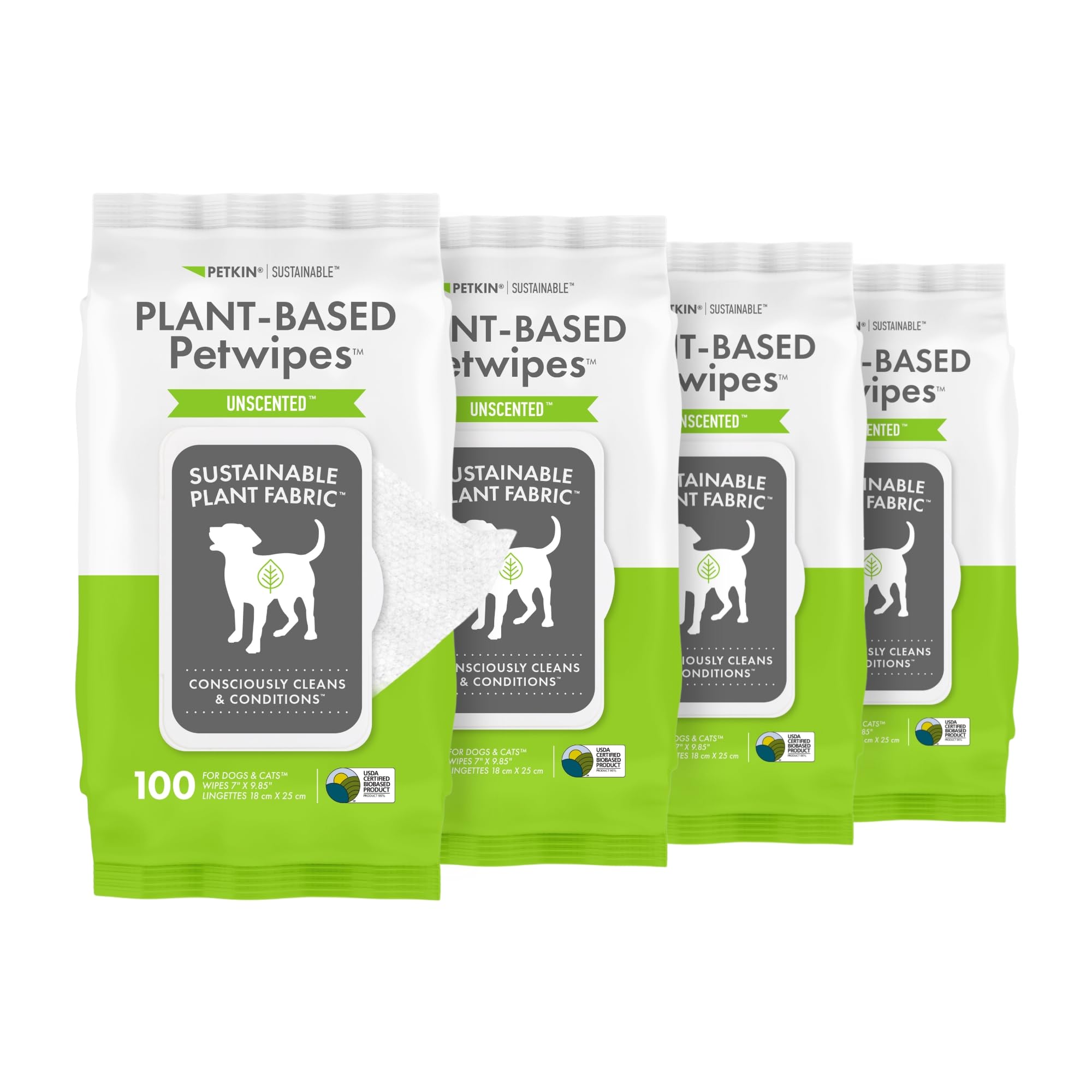 Petkin Plant-Based PetWipes, 100 Wipes, 4 Pack - Biobased, Sustainable, Big & Thick Pet Wipes for Dogs & Cats - for Face, Paws, 