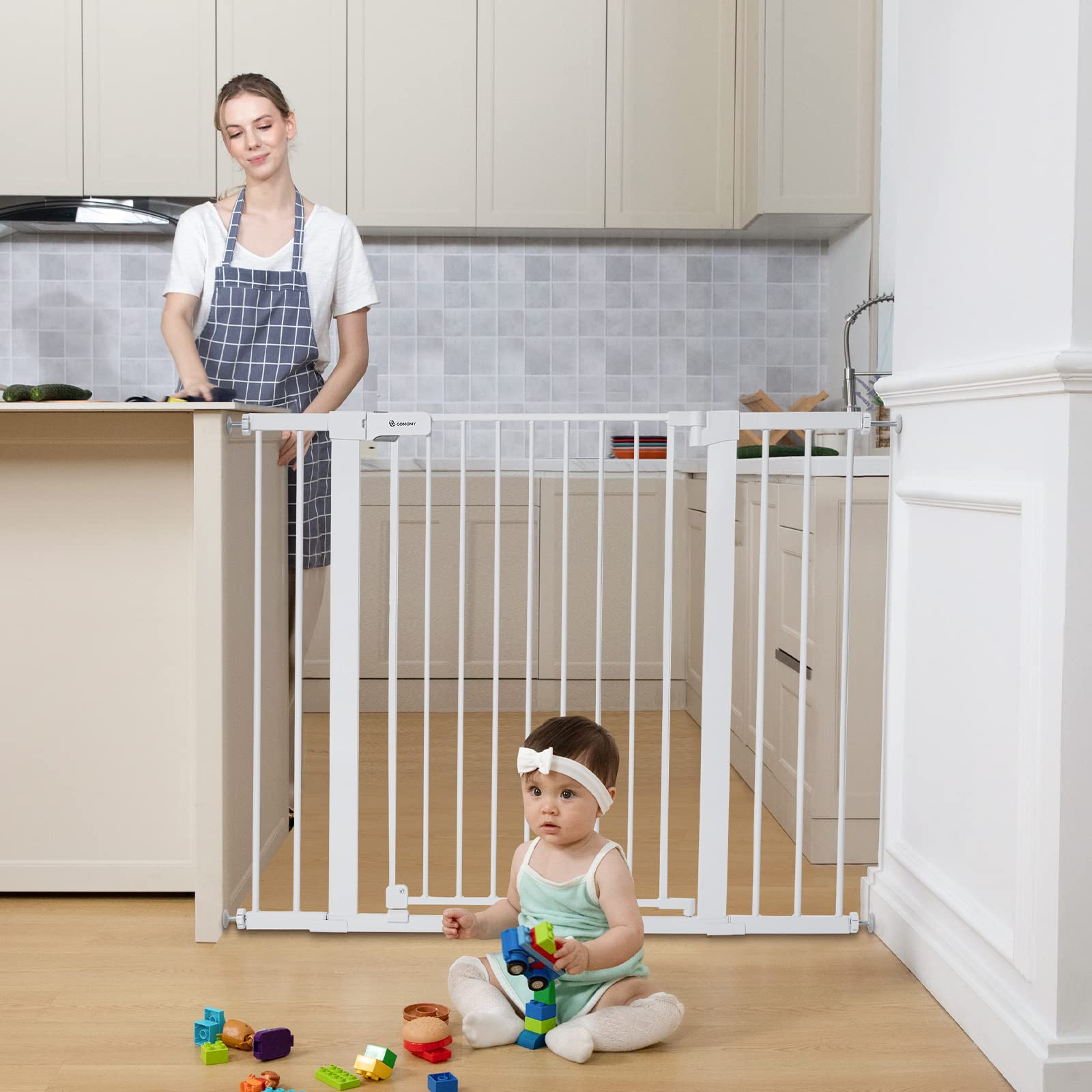 Comomy 36' Extra Tall Baby Gate For Stairs Doorways, Fits Openings 29.5' To 48.8' Wide, Auto Close Extra Wide Dog Gate For House, Pressure Mounted Easy Walk Through Pet Gate With Door, White