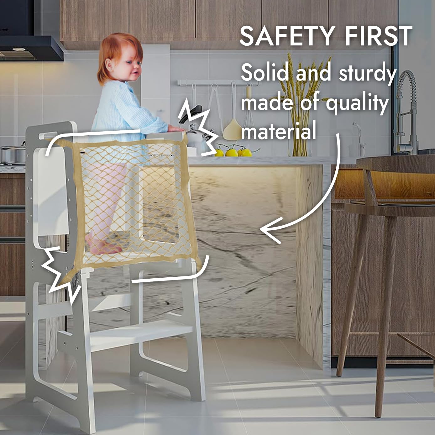 Toddlers Tower Safety Net - Safety Guard for Toddlers Tower - Kitchen Step Tool Toddlers/Kid (Beige) (Beige, 17'' W x 17'' H)