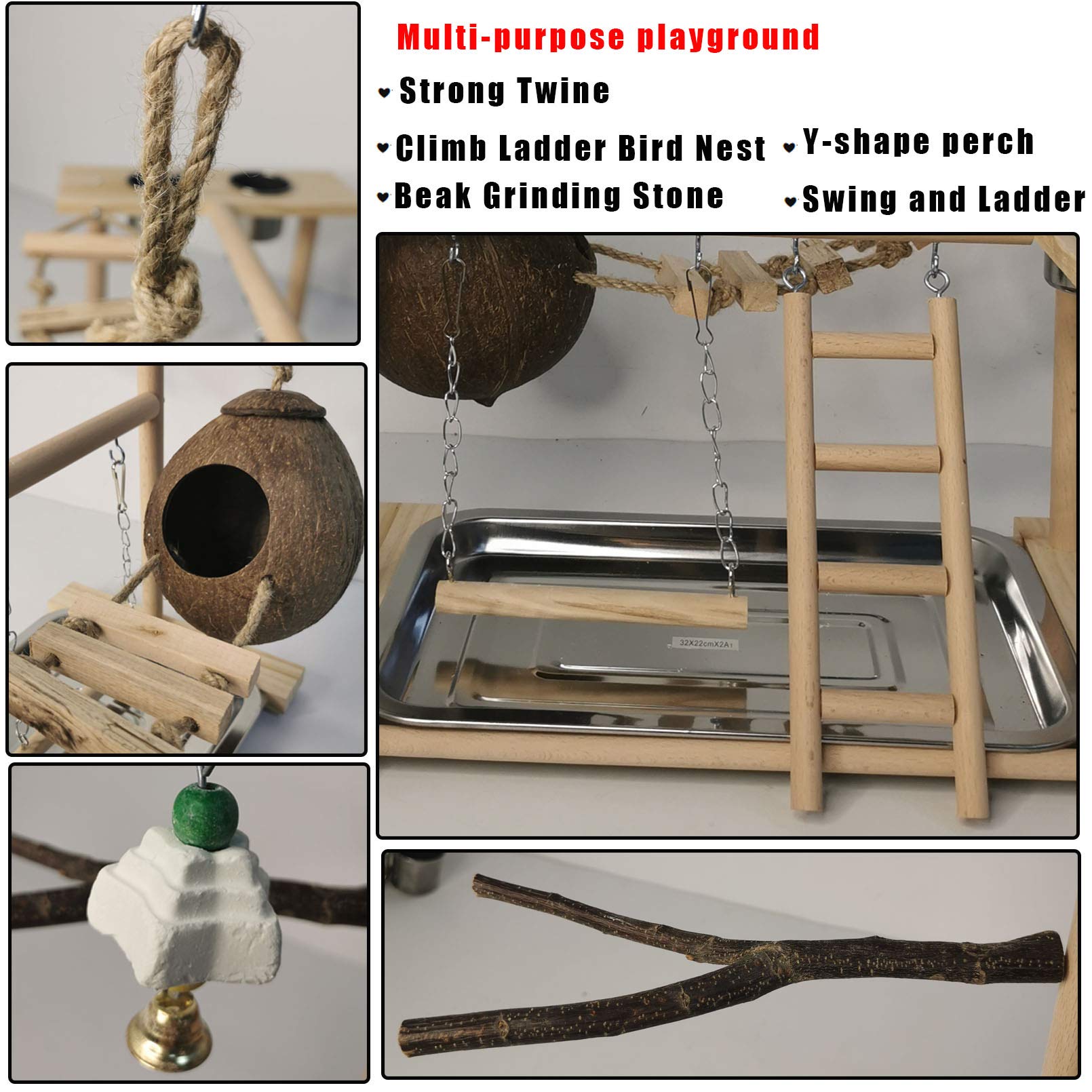 Parakeet Playground Bird Play Stand Natural Wood Perch Gym Parrots Nest Climb Swing Ladders With Feeder Cups Lovebirds Cage Accessories Toy Exercise Activity For Conure Cockatiel Lovebirds