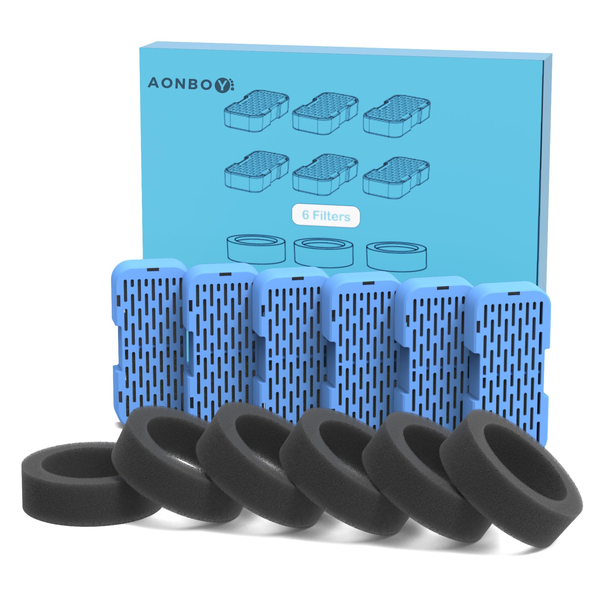 AONBOY Cat Water Fountain Filters, 6 Filters + 6 Cat Fountain Sponge, Suitable for AONBOY Pet Fountain S3-SC, Multiple Filtratio