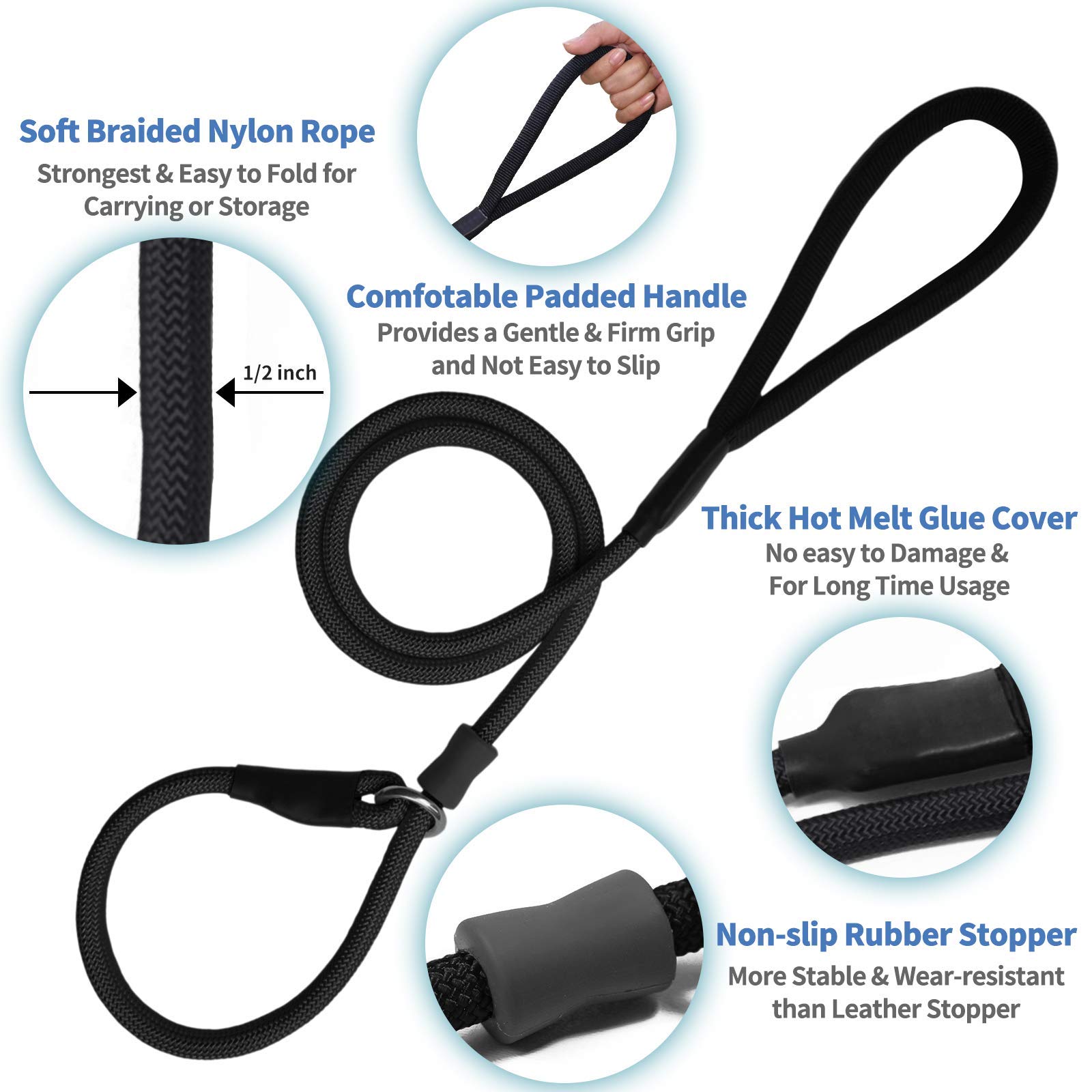 Strong Slip Rope Dog Training Leash (6Ft) - Heavy Duty Durable Braided Nylon Lead With Rubber Stopper & Padded Handle - No Pull