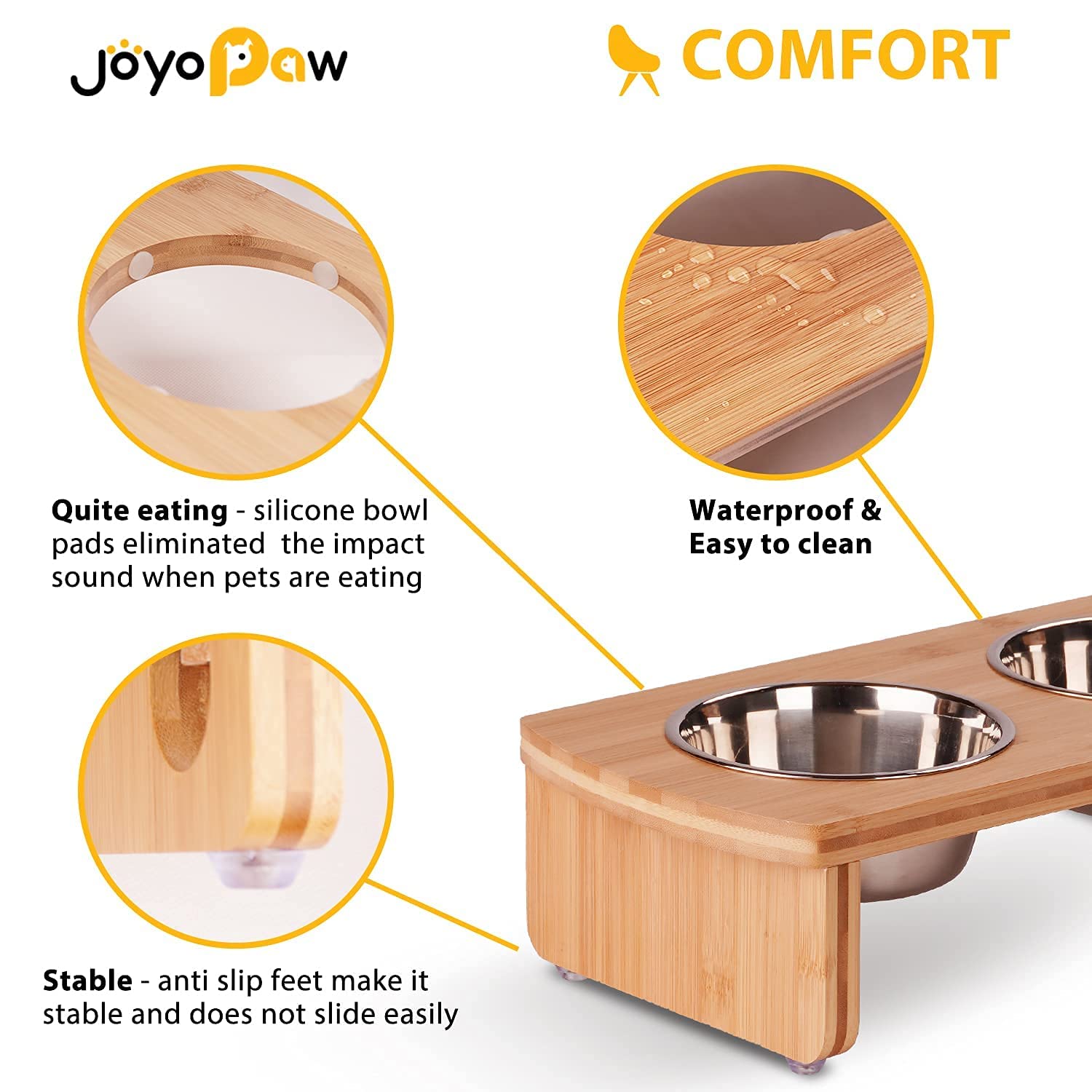 JOYOPAW Elevated Dog Bowls - Bamboo Raised Dog Bowl for Small Dogs & Cats, 4'' Tall with 3 Stainless Steel Bowls (20oz*2, 12oz*1)