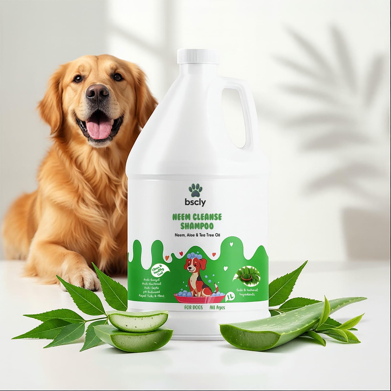 Bscly Neem Herbal Dog Shampoo 1000Ml - Puppy Safe Anti Ticks And Fleas Dog Shampoo | Enriched With Aloe & Neem Oil | Ph Balanced