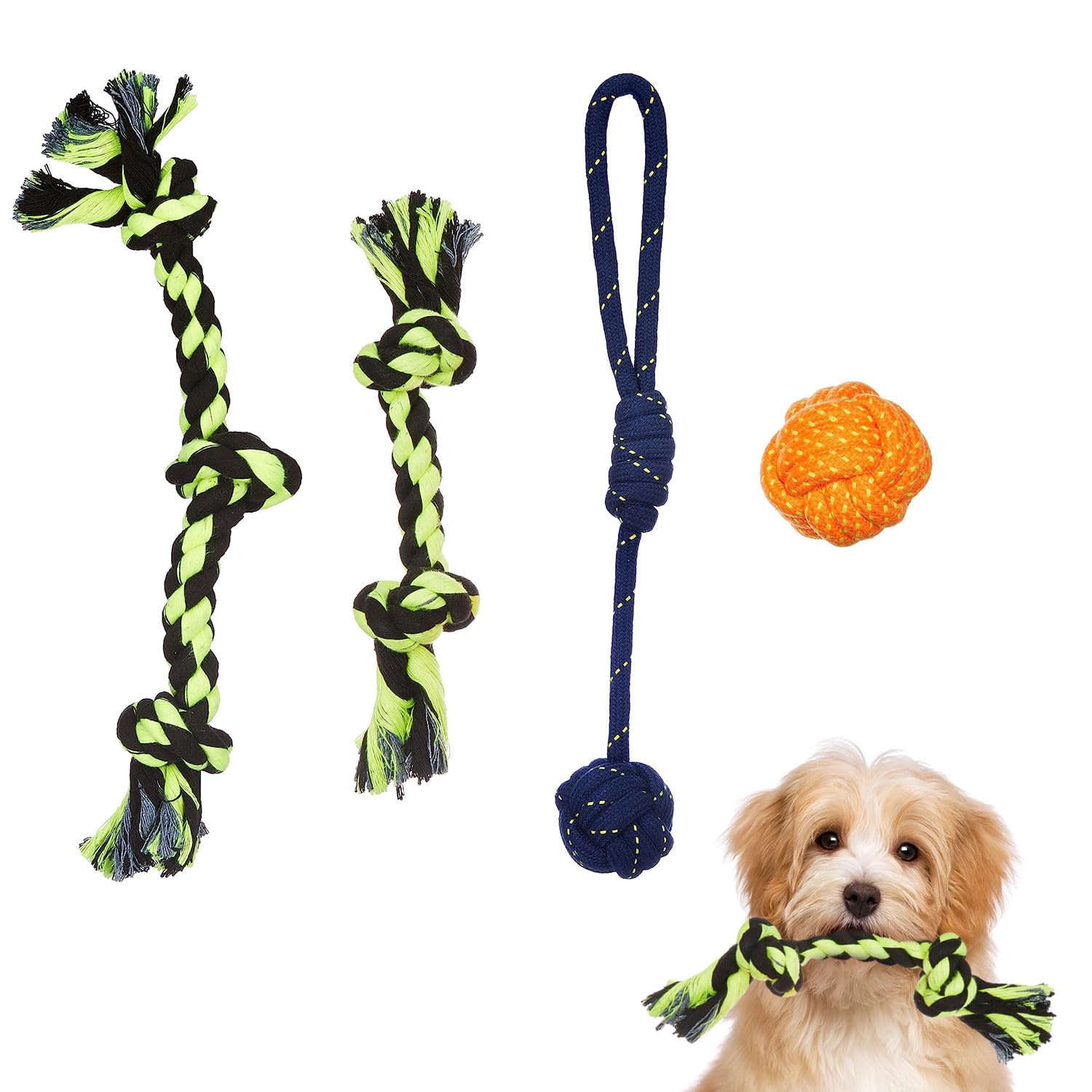 Kittupet Pet Combo Of 2Knot, 3Knot, Ball And Knot Rope Chewing Teething Fetching Durable Cotton Rope Chew Toys For Puppies And D