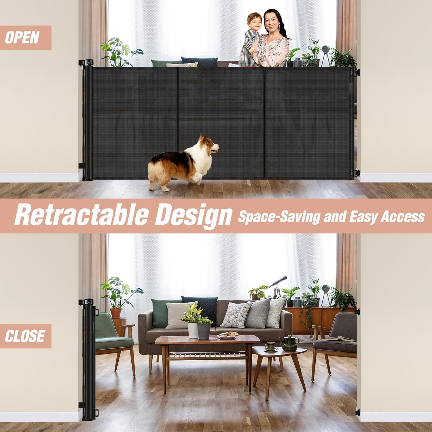 Reinforced 42 Tall x 75 Wide Retractable Baby Gate with Support Rods - Prevents Crawling Under Extra Tall Pet Gate Indoor Mesh G