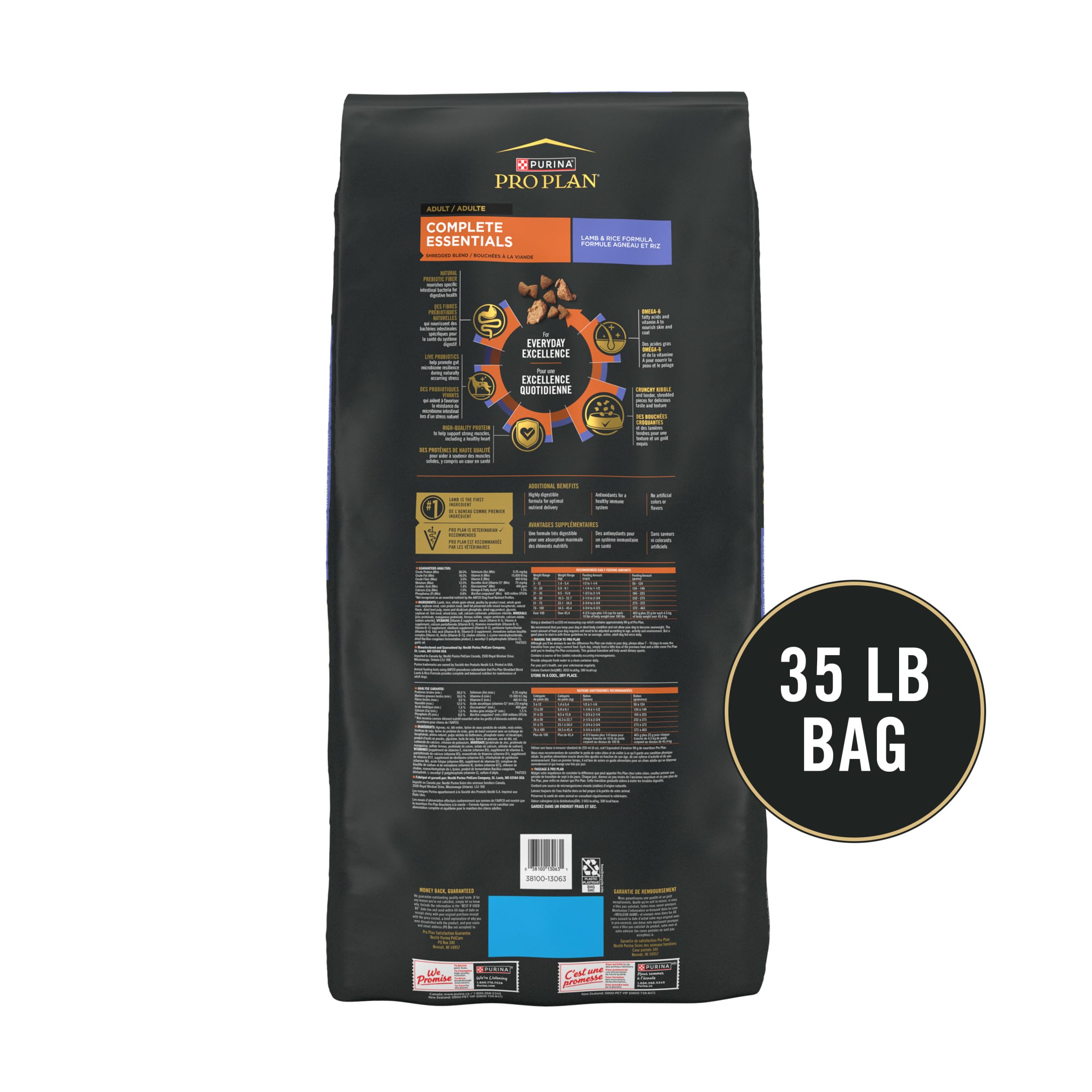 Purina Pro Plan Complete Essentials Shredded Blend Lamb and Rice High Protein Dog Food with Probiotics for Dogs - 35 lb. Bag