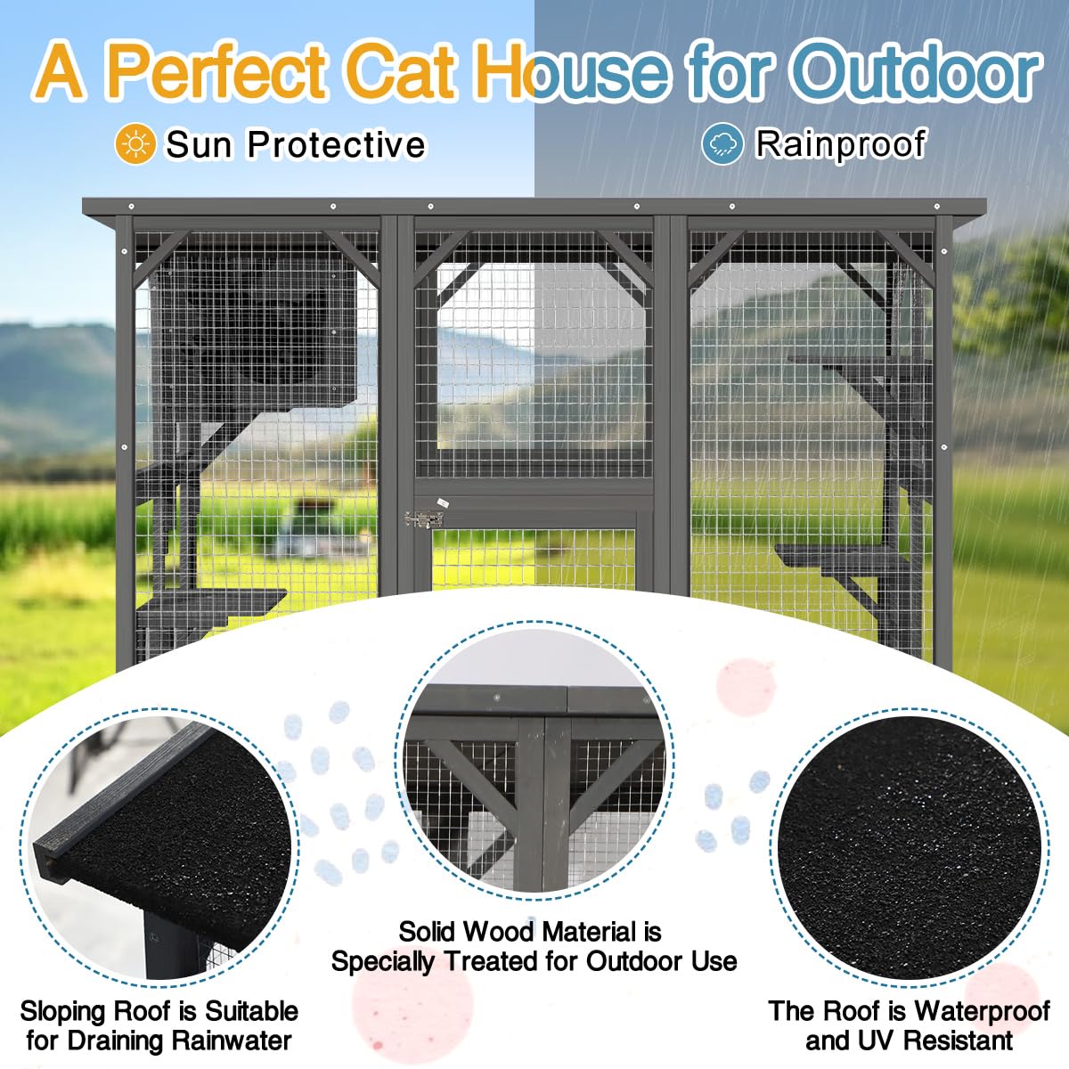 Titimo Catio Outdoor Cat Enclosure Large Wooden Outdoor Cat House With Small House, Cat Cage With 6 Platforms And Weather Protection (Gray,63' X 31.1' X 59.33')