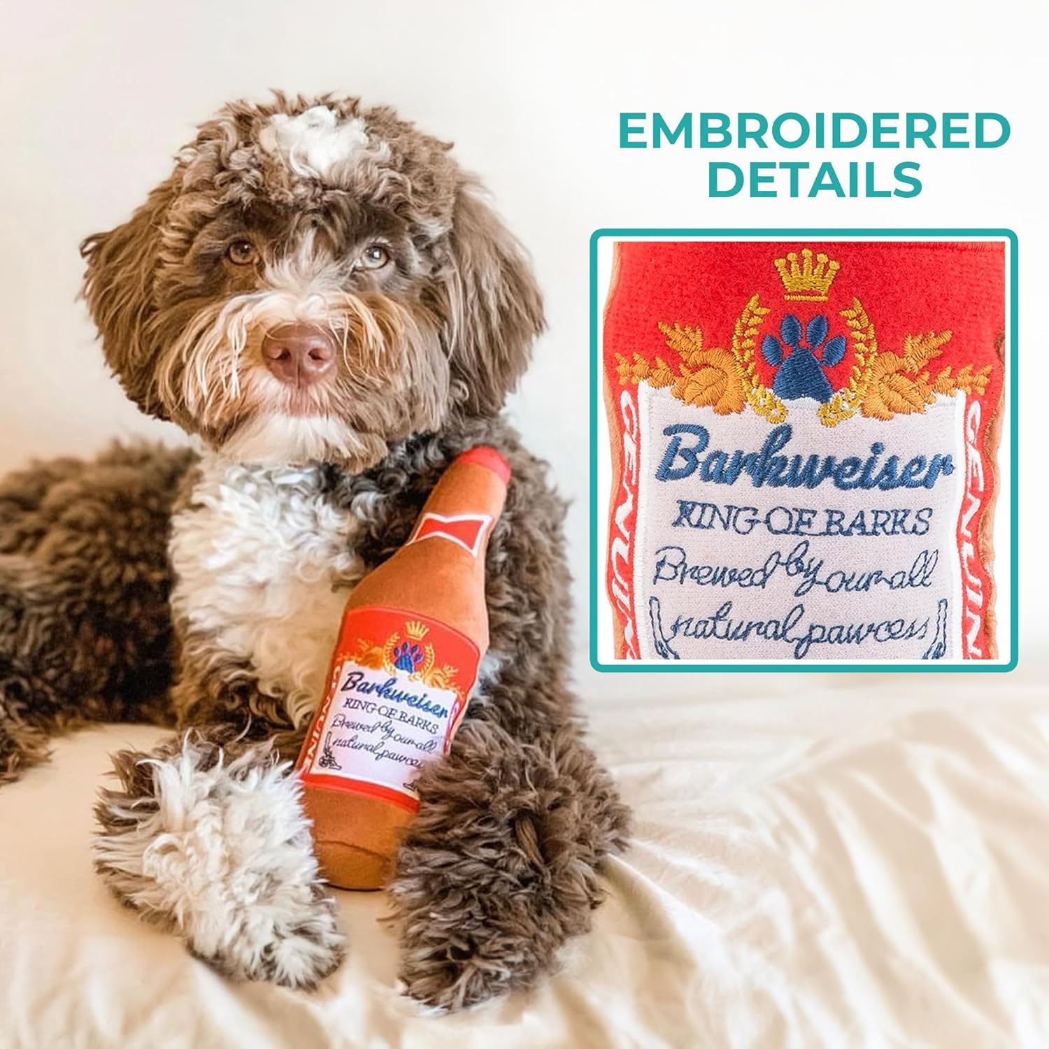 Haute Diggity Dog Barkweiser Beer Bottle, Plush Designer Dog Toys With Interactive Squeaker, Stimulating Pet Enrichment, Machine