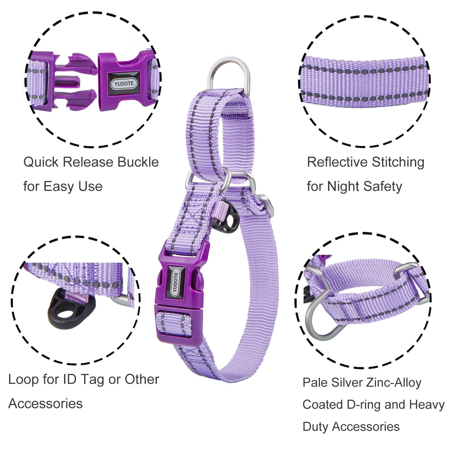 Yudote Reflective Martingale Collar For Dogs With Quick Snap Buckle Anti-Pull Nylon Safe Slip Collars For Easy Walking,Lilac,Large