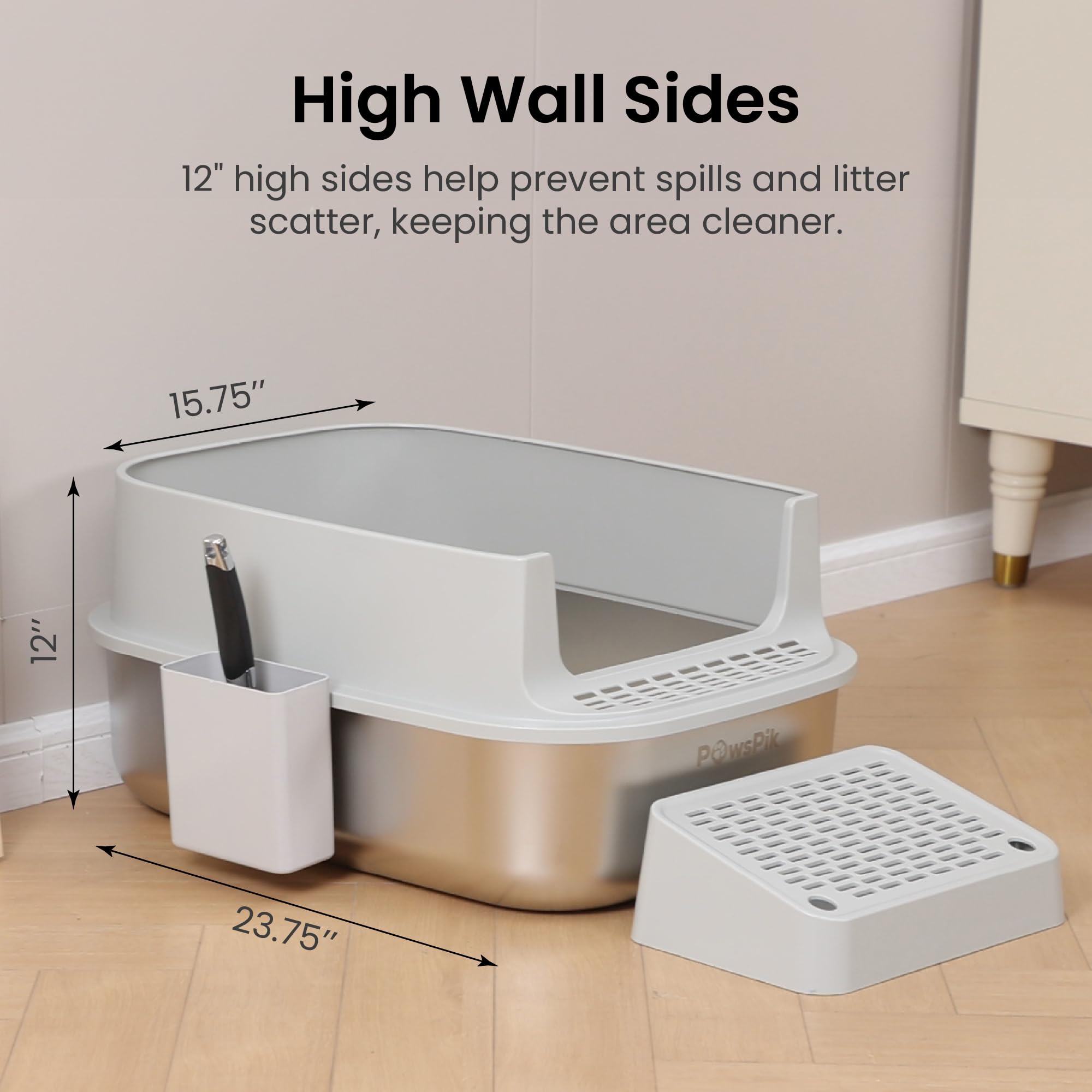 Pawspik Enclosed Xl Stainless Steel Litter Box With High Wall Sides, Leak-Resistant, Easy Cleaning, With Lid, Step, And Metal Sc