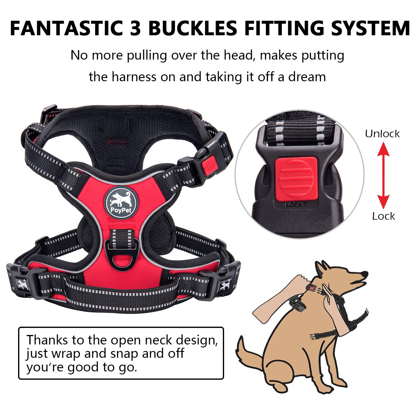 Poypet No Pull Dog Harness, No Choke Front Clip Dog Reflective Harness, Adjustable Soft Padded Pet Vest With Easy Control Handle For Small To Large Dogs(Red,M)