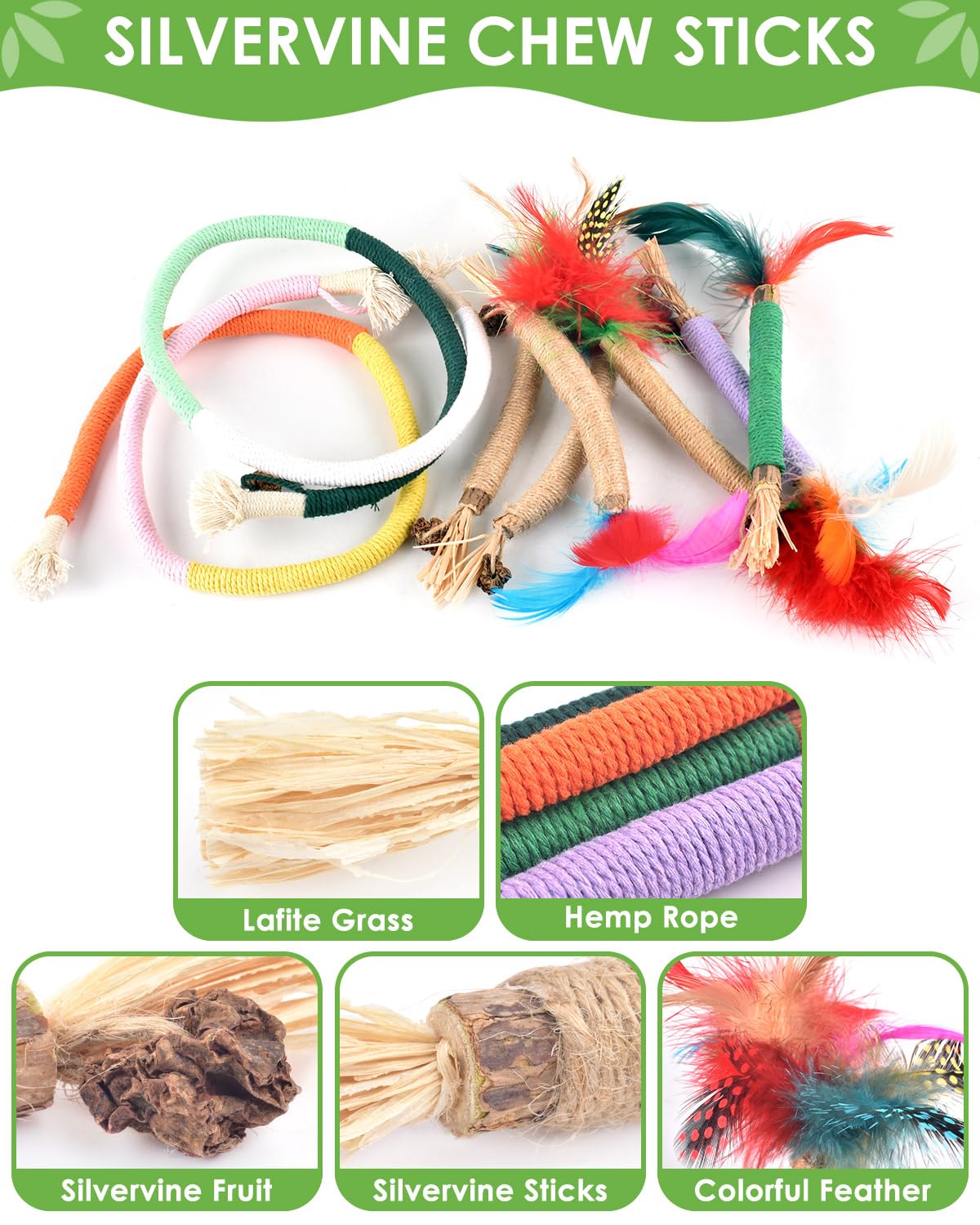 TINDTOP Cat Chew Toys, 12 Pack Silvervine Chew Sticks with 2 Pack Chew Ropes for Kittens Teeth Cleaning, Increase Appetite, Aggr