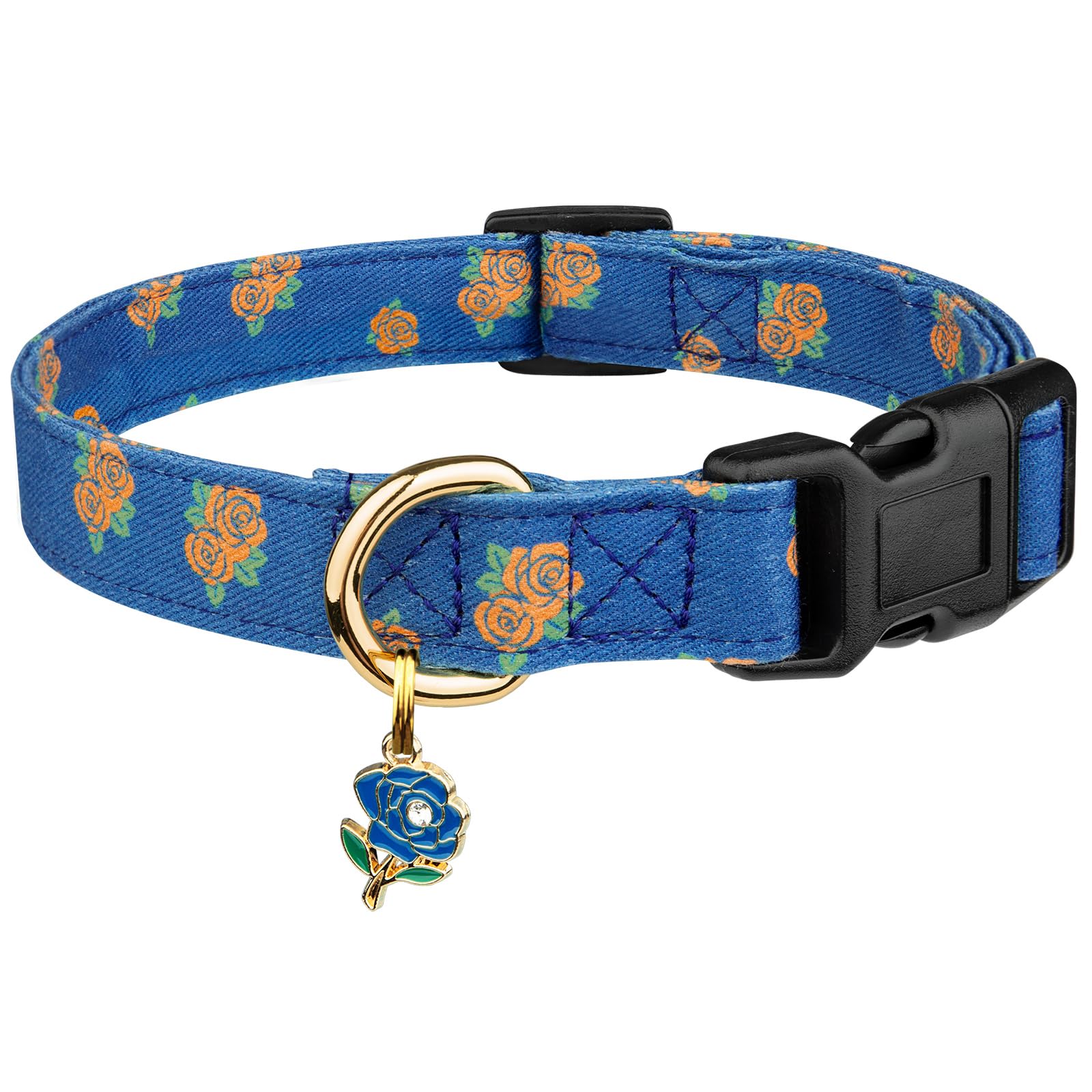 Cotton Handmade Dog Collar Cute And Distinctive Patterns Blue Rose With Pendant For Girl Boy Dogs Collars M