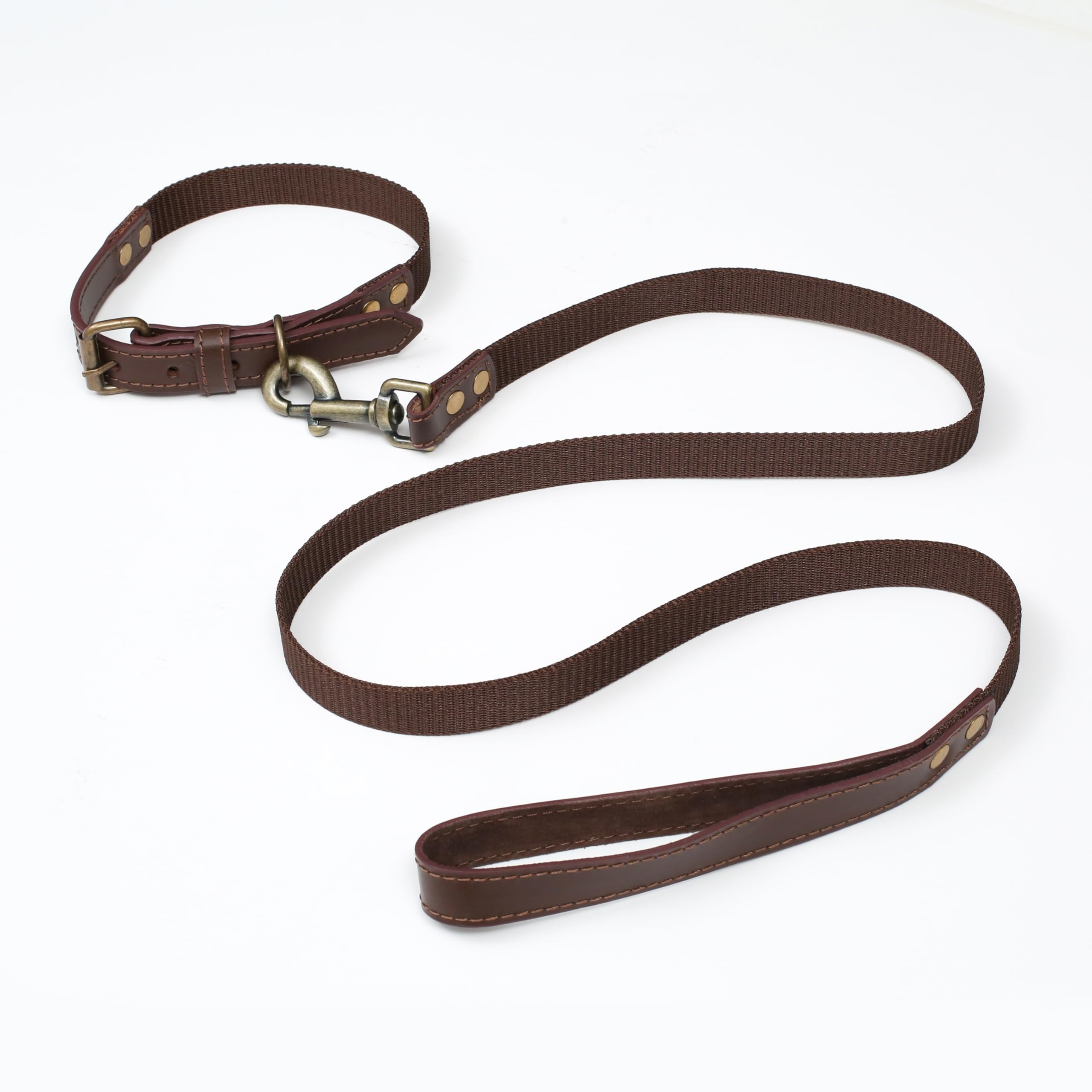Dog Leash And Collar Set With Metal Buckle, Heavy Duty Leather And Nylon Combo, Adjustable And Durable Pet Walking Gear, 18 Inch