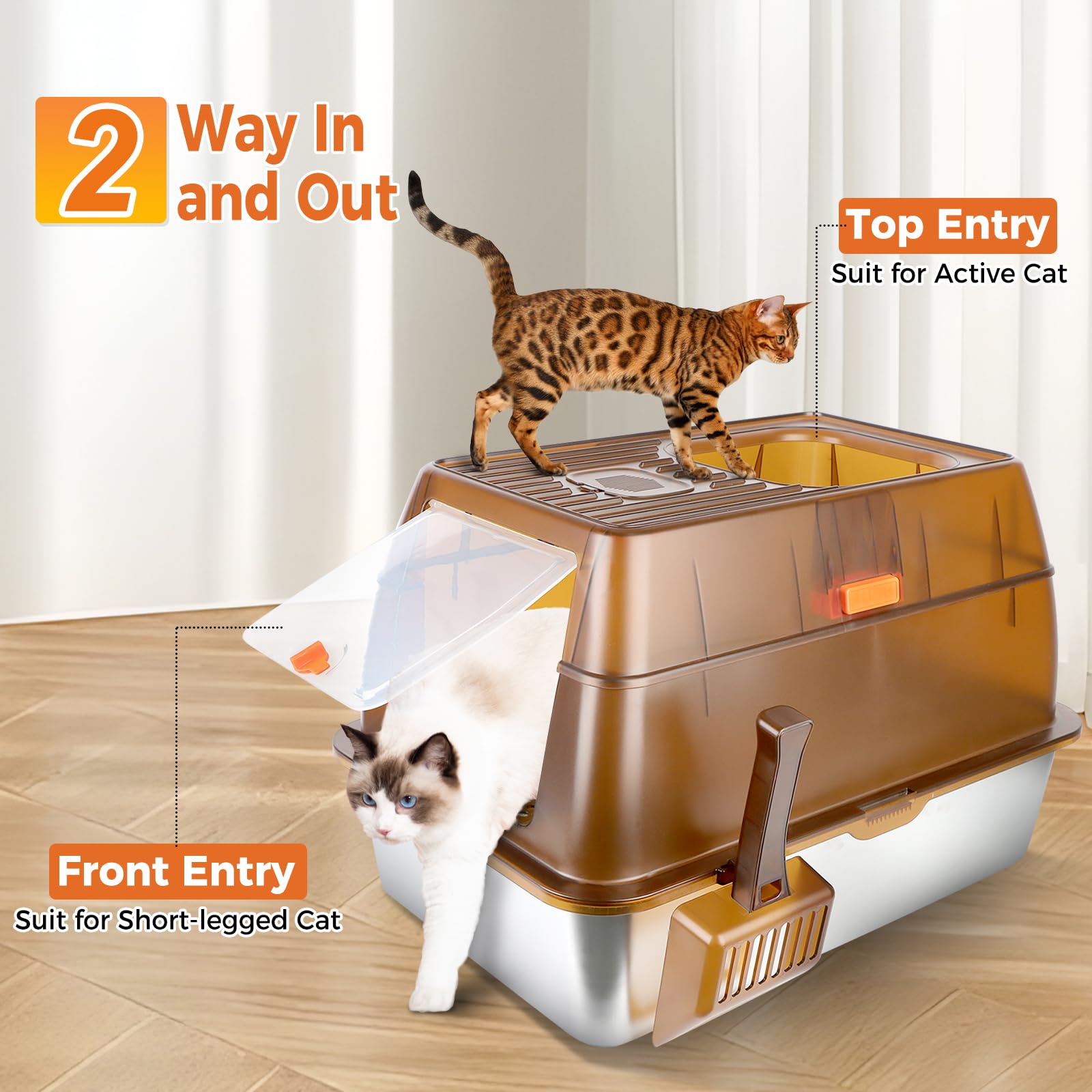 Bartuke Stainless Steel Cat Litter Box With Lid, Extra Large Enclosed Litter Box For Big Cats High Sided Metal With Removable Li