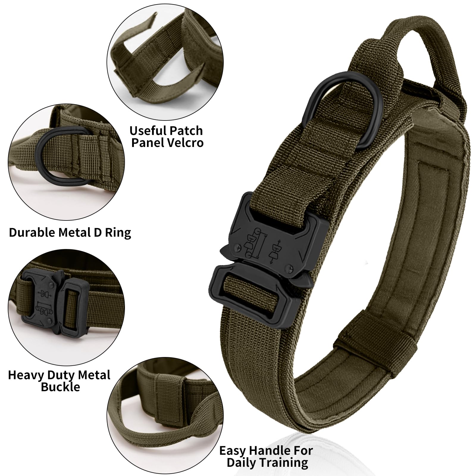 Tactical Military Dog Collar - Adjustable Heavy Duty Metal Buckle Nylon Collar With Control Handle For Small To Large Dogs (Gree