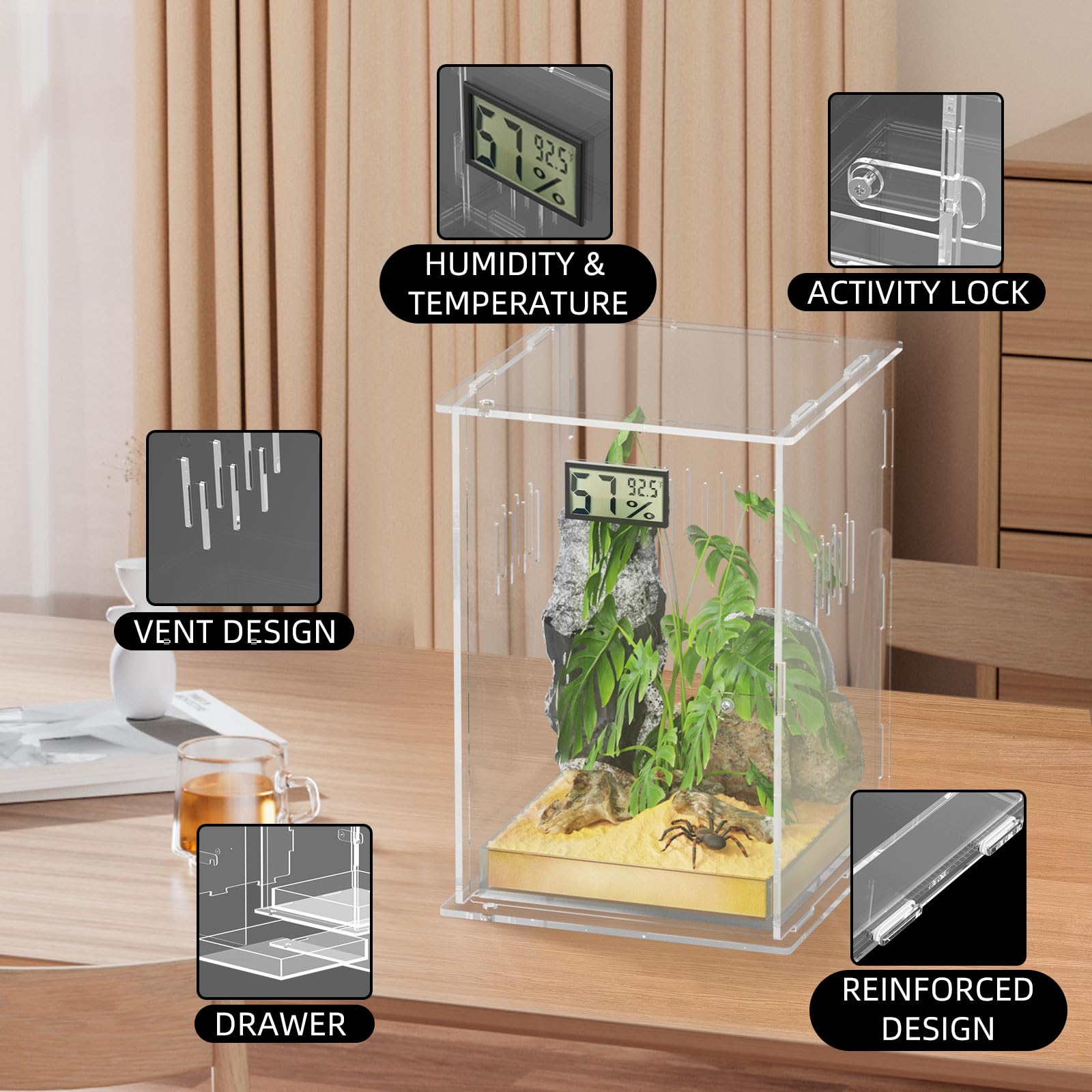 Ghims Reptile Terrariums With Temperature Hygrometer, 7.1X7.1X11.8 Acrylic Breeding Box Terrarium Cage Tank For Small Rept
