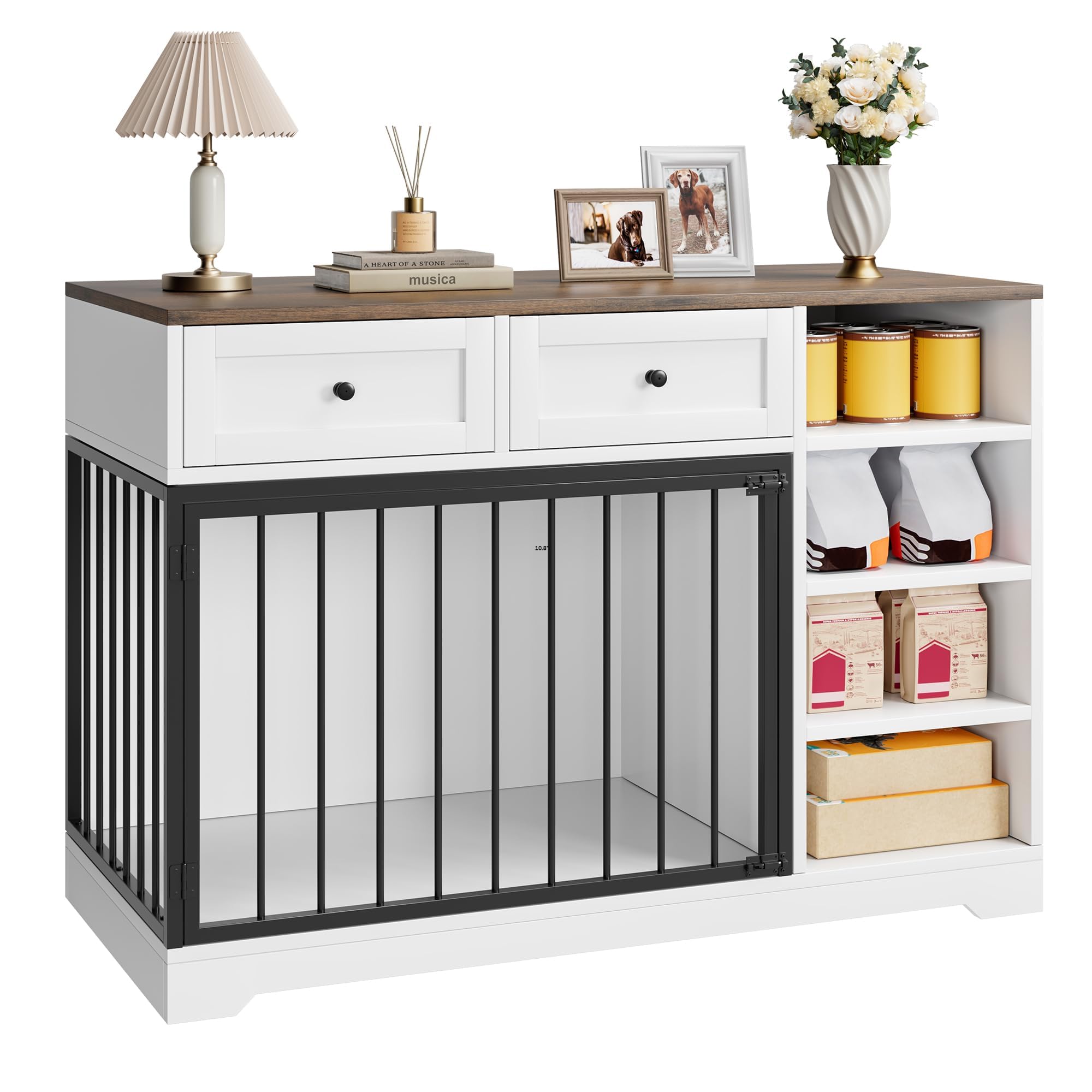 Garvee 47 in Dog Crate Furniture with 2 Storage Drawers, 4 Deep Shelves, Farmhouse Extra Large Wooden Dogs Cage End Table, Multi