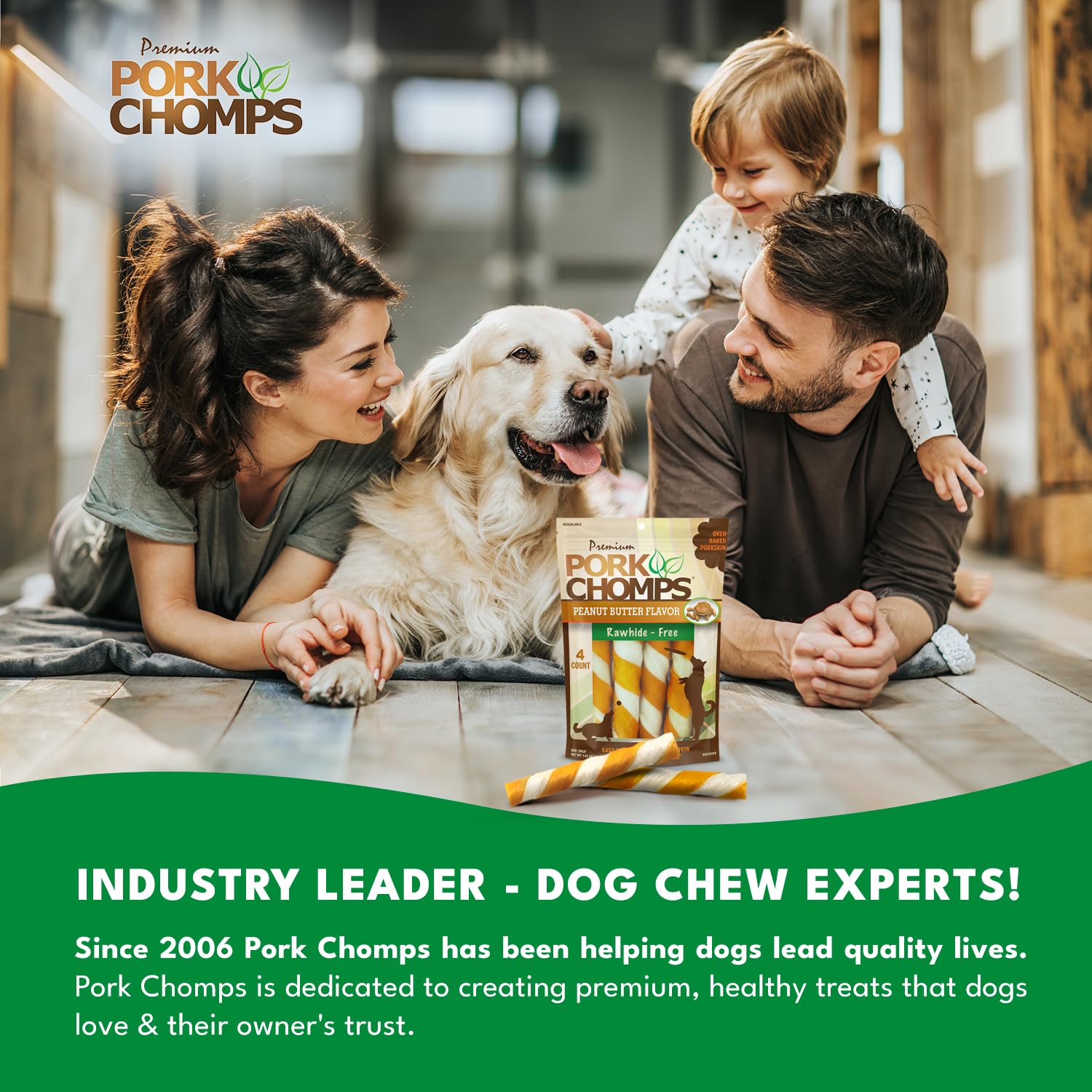 Pork Chomps Baked Pork Skin Dog Chew, 6-inch Twists, Peanut Butter Wrap, 4 Count