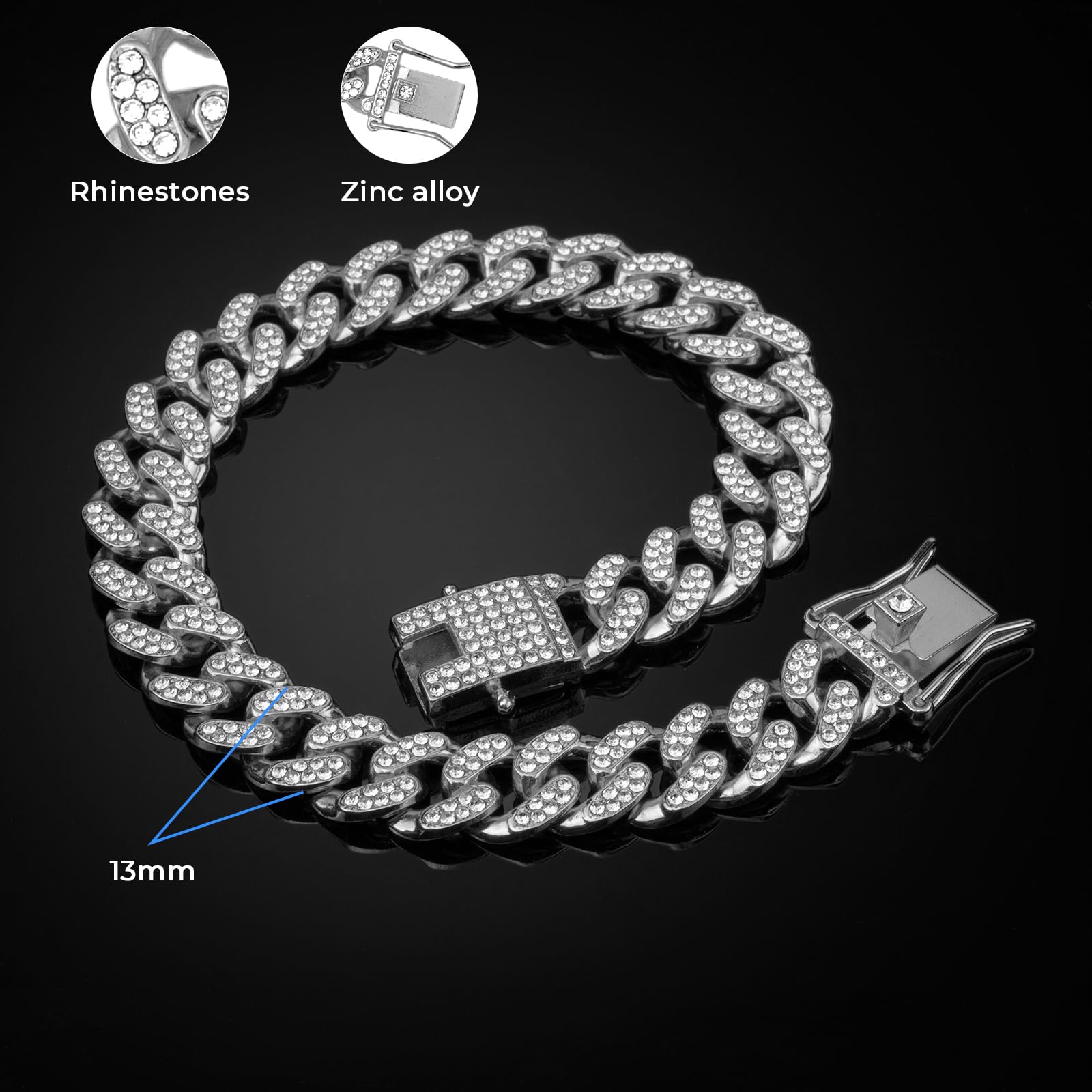 Thamiao Dog Chain Collar Silver Dog Necklace Diamond Cuban Link Dog Collar 13Mm Wide Metal Pet Cat Dog Chain Crystal Collar Jewe