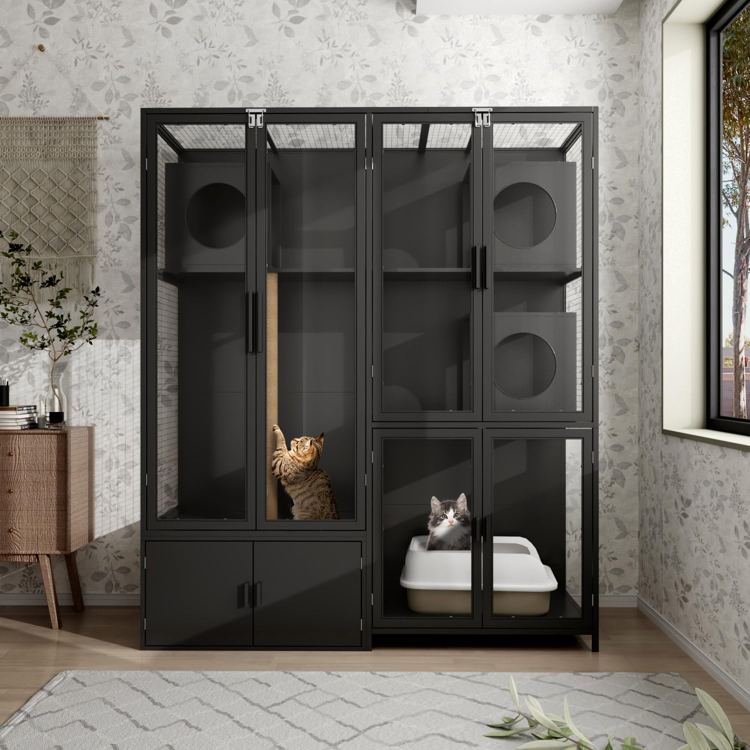 Dawnspaces 63 Cat Litter Box Enclosure, Extra Large Hidden Decorative Litterbox Cabinet Furniture With 3 Rooms, Acrylic Doors