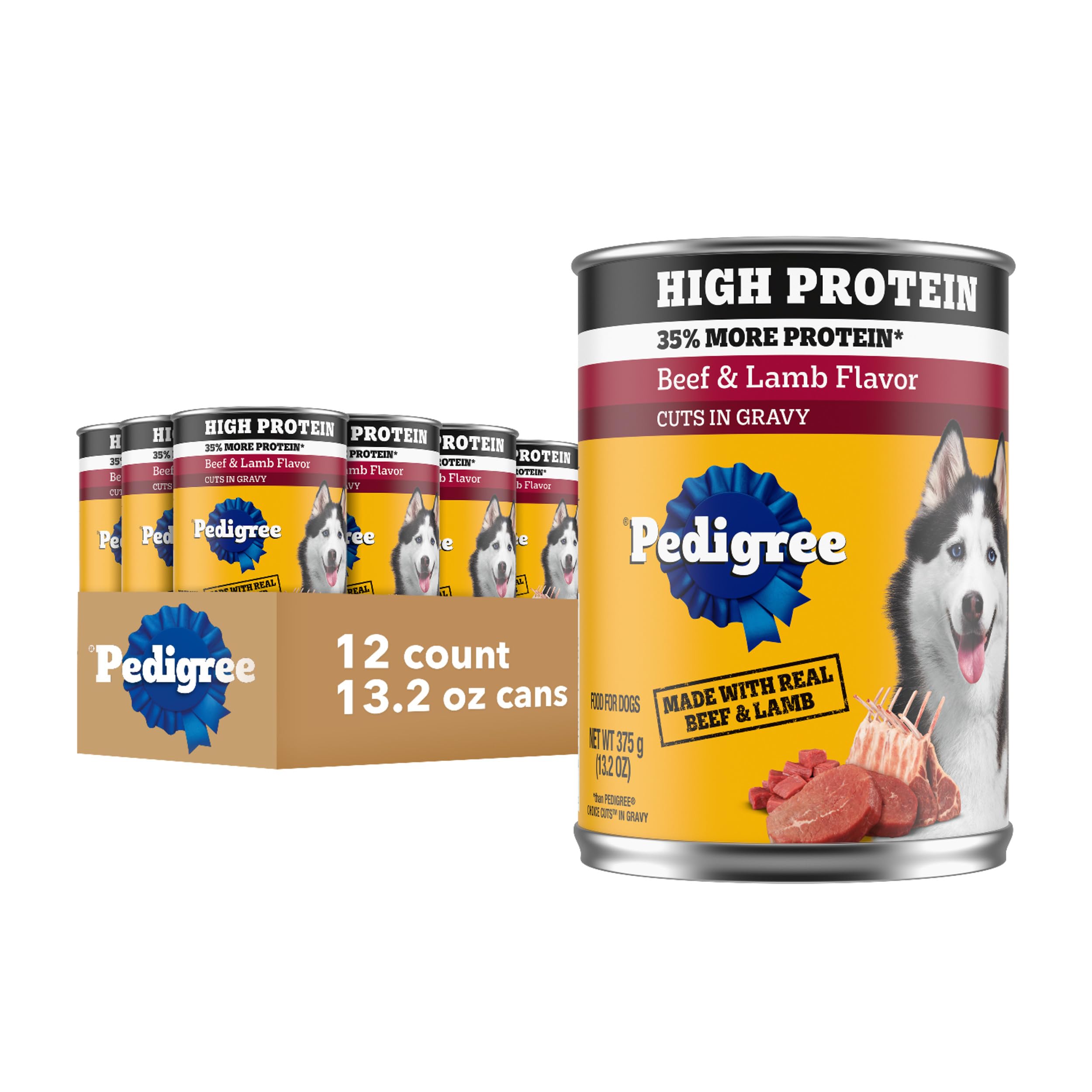 Pedigree High Protein Adult Soft Wet Dog Food, Beef & Lamb Flavor In Gravy, 13.2 oz. Cans (12 Count, Pack of 1)