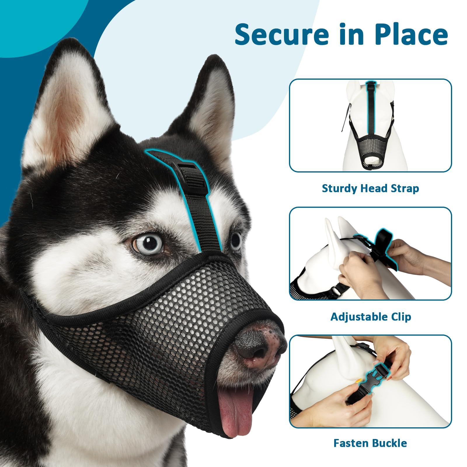 LUCKYPAW Dog Muzzle - Adjustable Soft Mesh Muzzle for Large Dogs, Black, Model M0221