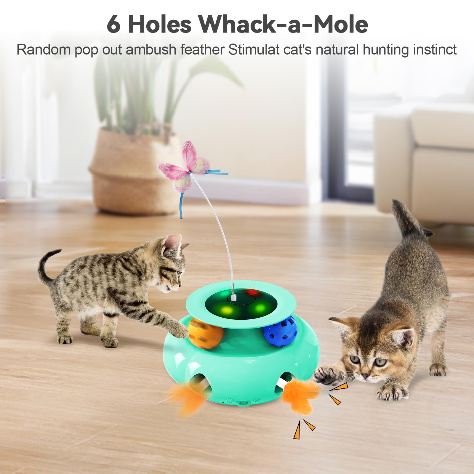 Xuyub Interactive 3in1 Cat Toy - Rechargeable Whack a Mole, Fluttering Butterfly, Track Balls, Green, Model OK007G