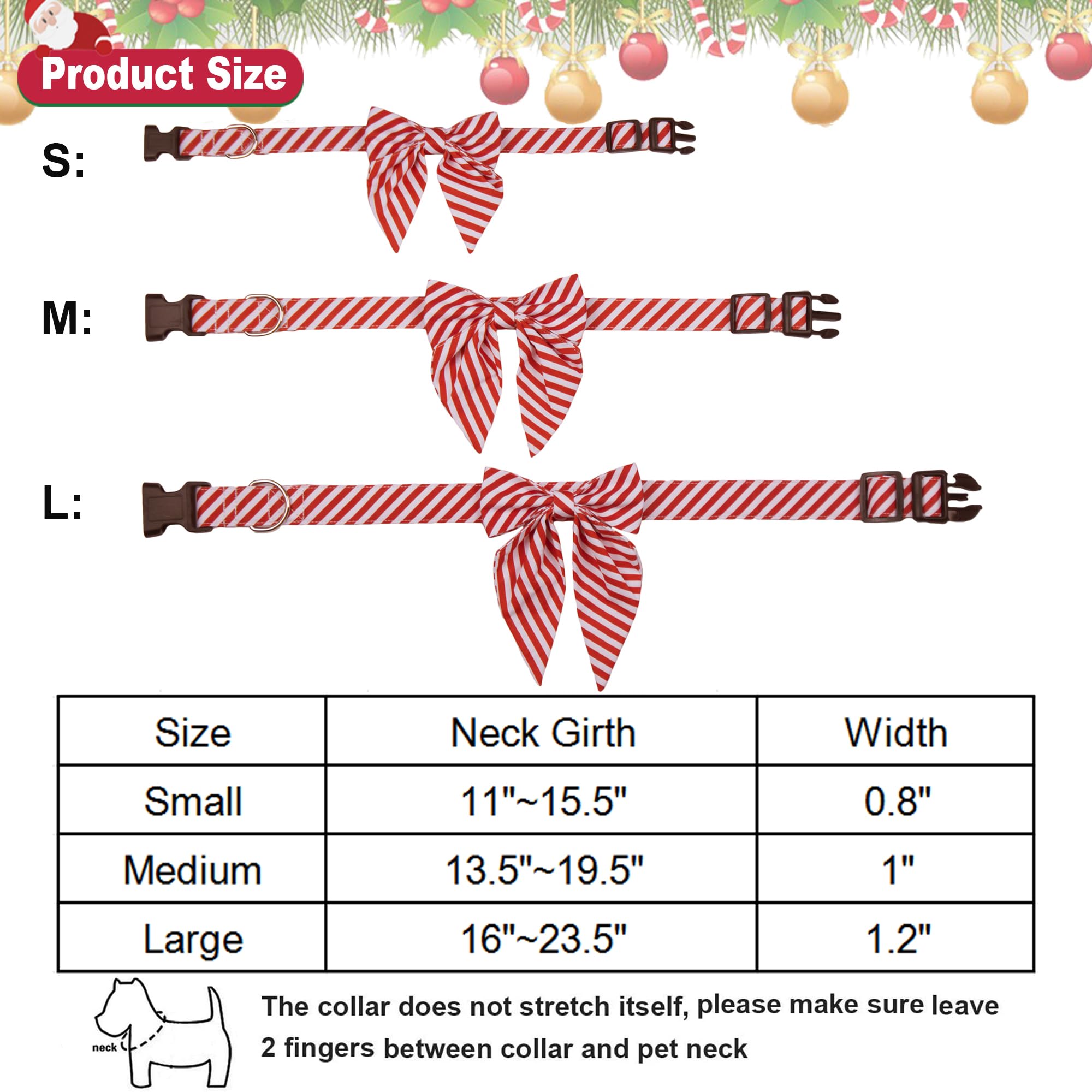 Adoggygo Christmas Dog Collar With Bow, Adjustable Cotton Stripe Bowtie Dog Christmas Collars For Small Medium Large Dogs Pets (Medium, Red & White)