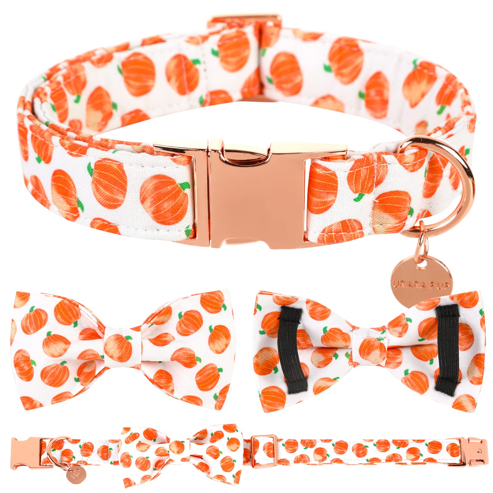 Up Urara Pup Halloween Dog Collar With Bow Tie, Pumpkin Cotton Bowtie Collar For Medium Girl Boy Dog, Fall Dog Collar Bowtie With Durable Metal Buckle, Adorable Pumpkin Pet Collar, M, Neck 13.5-22In