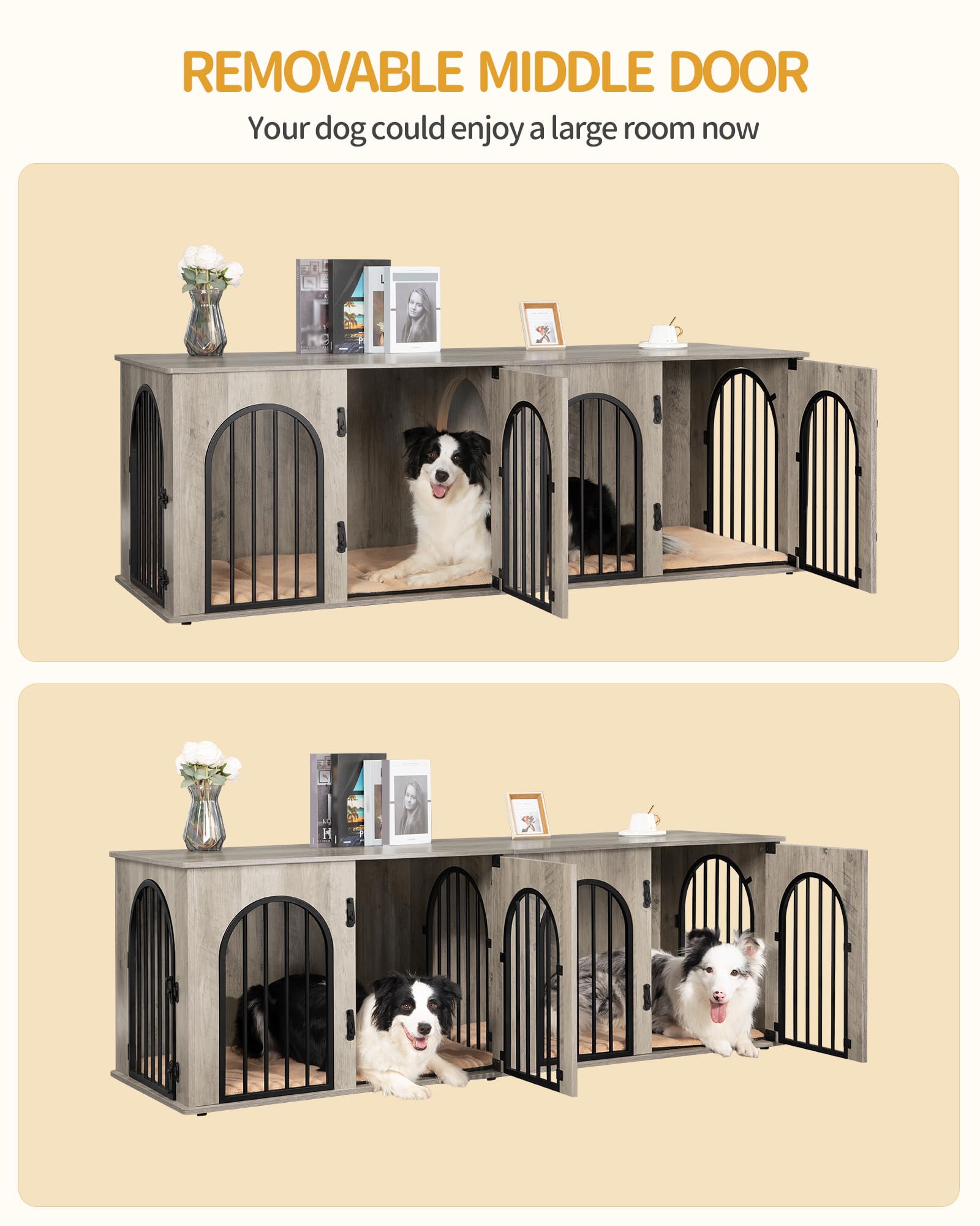 Hzuaneri 70.9 Dog Crate Furniture for 2 Dogs, Heavy Duty Indoor Dog Kennel TV Stand, XXL Wooden Dog Cage with Divider for Medium