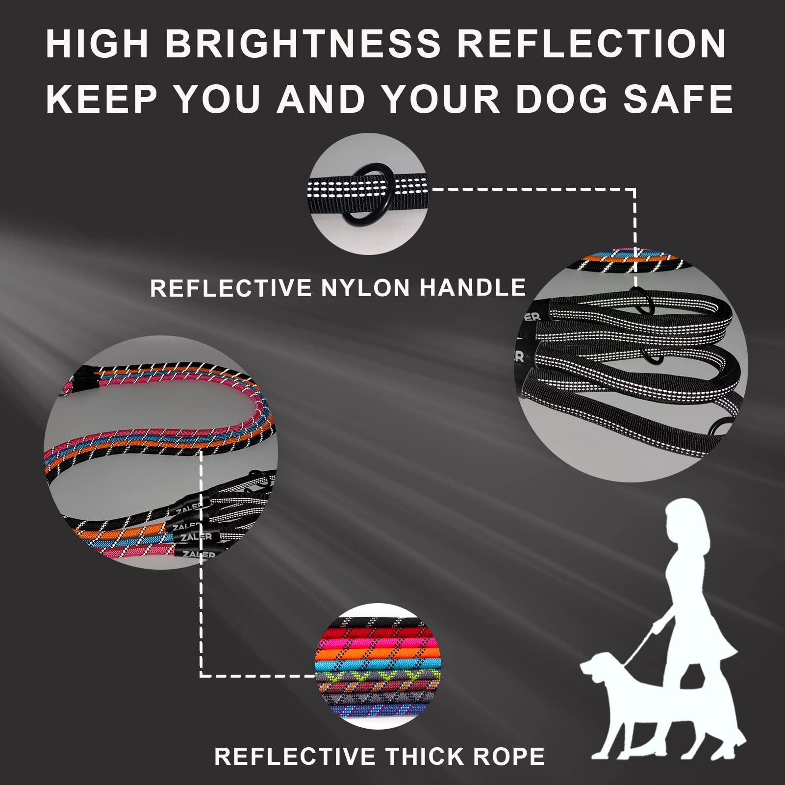 Zaler Rope Dog Leash, 4/5/6/10/15/20/30/50 Foot Reflective Leashes With Carabiner, Heavy Duty Lead For Large And Medium Dogs (5F