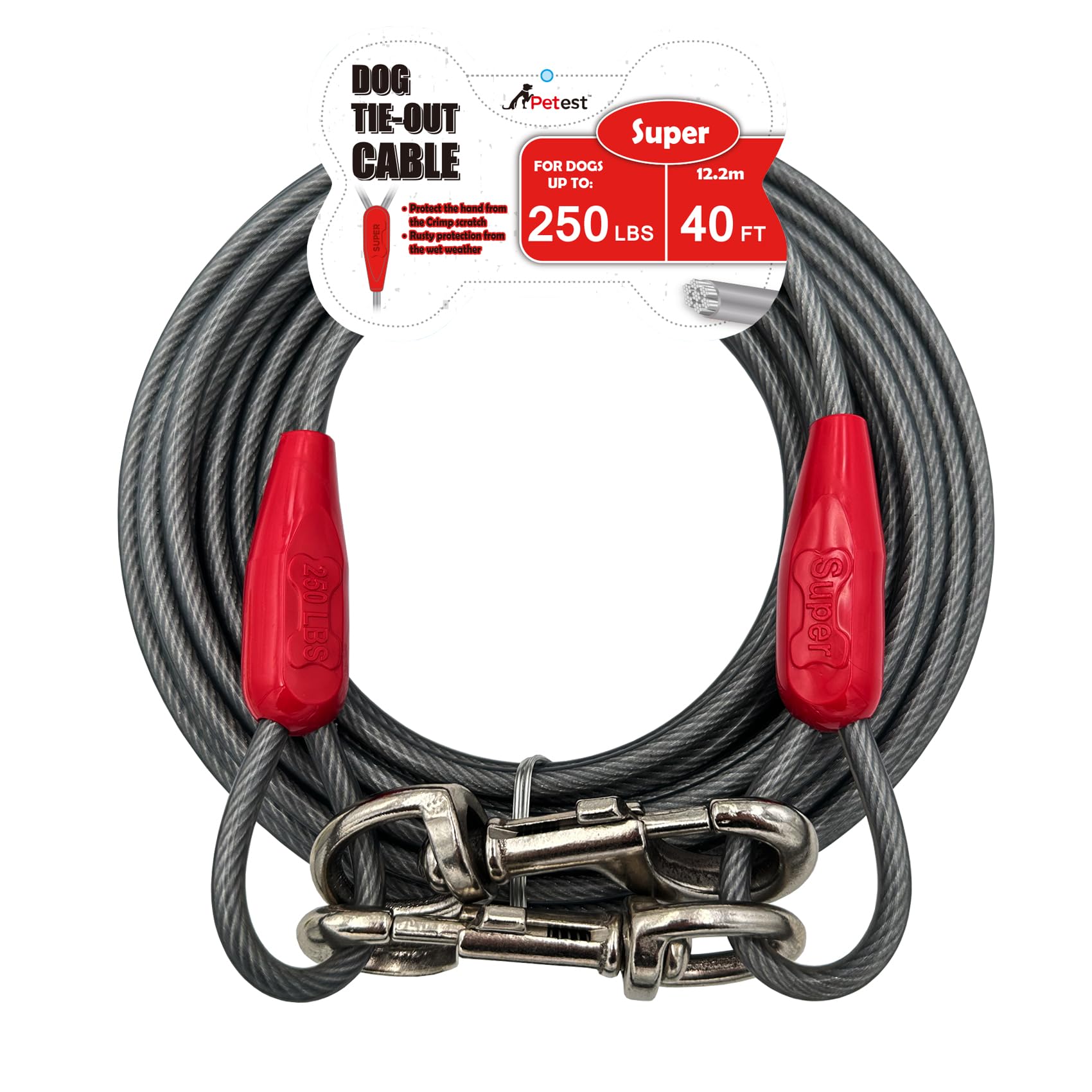 Petest 40Ft Tie-Out Cable With Crimp Cover For Super Dogs Up To 250 Pounds