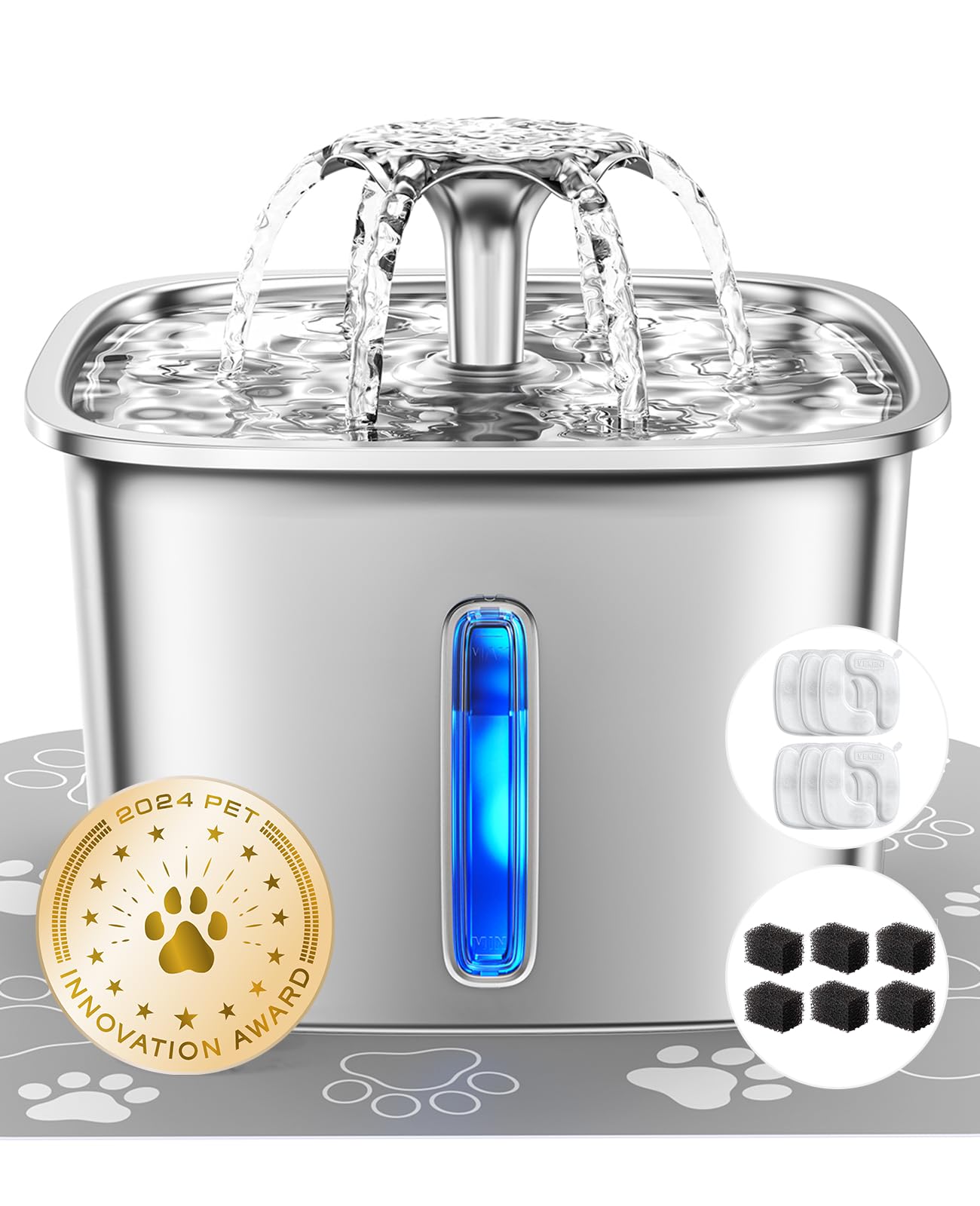 Veken Innovation Award Winner Stainless Steel Cat Water Fountain, 95Oz/2.8L Automatic Pet Fountain With 6 Replacement Filters & 
