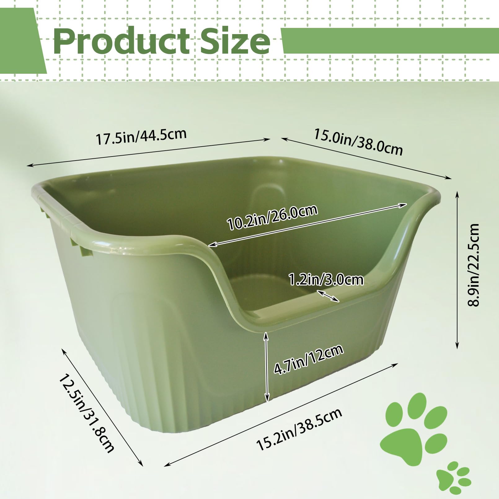 Muyg Large Cat Litter Box With High Sides,17.5X15X8.9 Open Top Cat Litter Pan Anti Splashing Non-Stick Litter Tray Low Ent