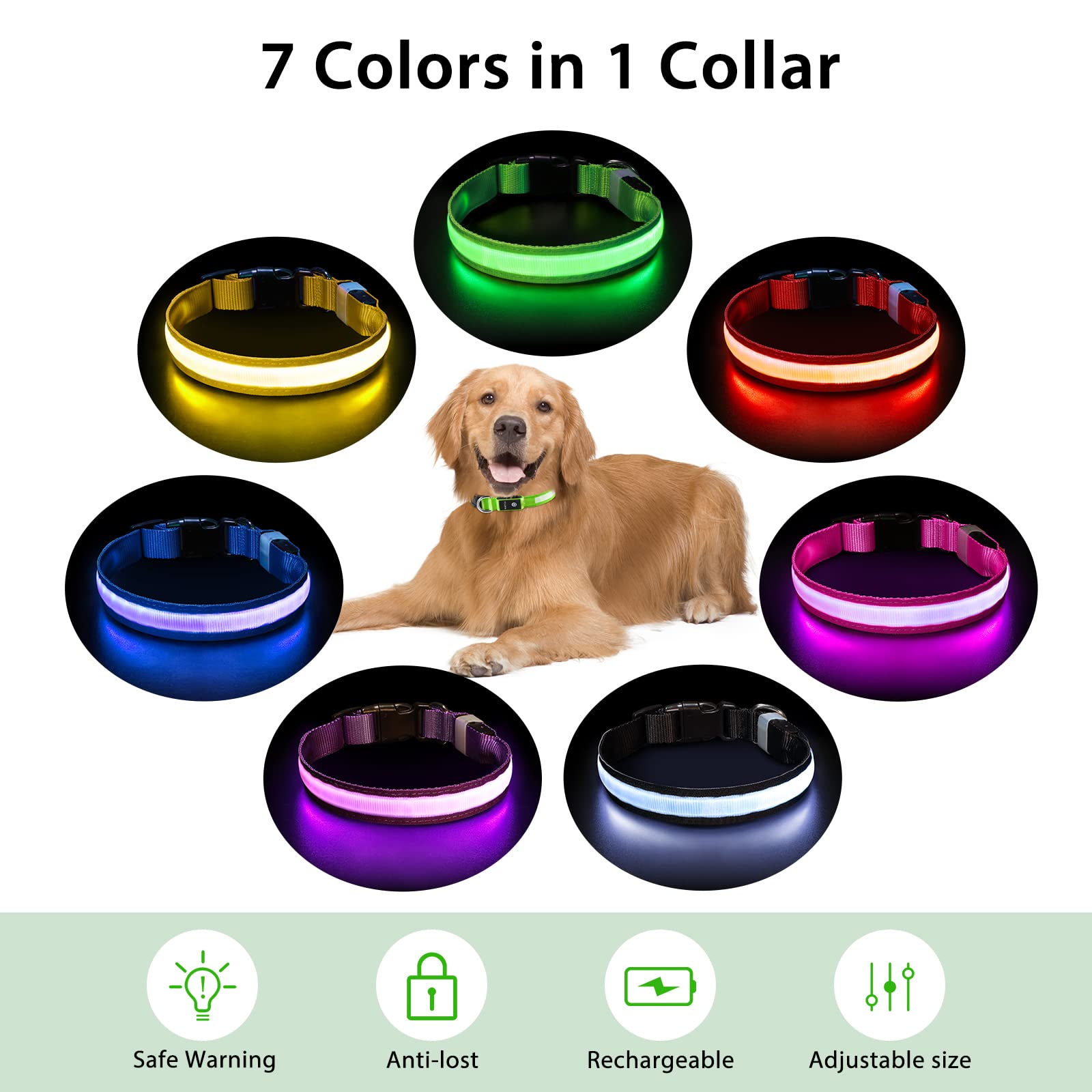 PcEoTllar LED Light Up Dog Collar - Rechargeable, Color Changing, Waterproof, L(19-23.6 inch), Green, Model DC5200RGB