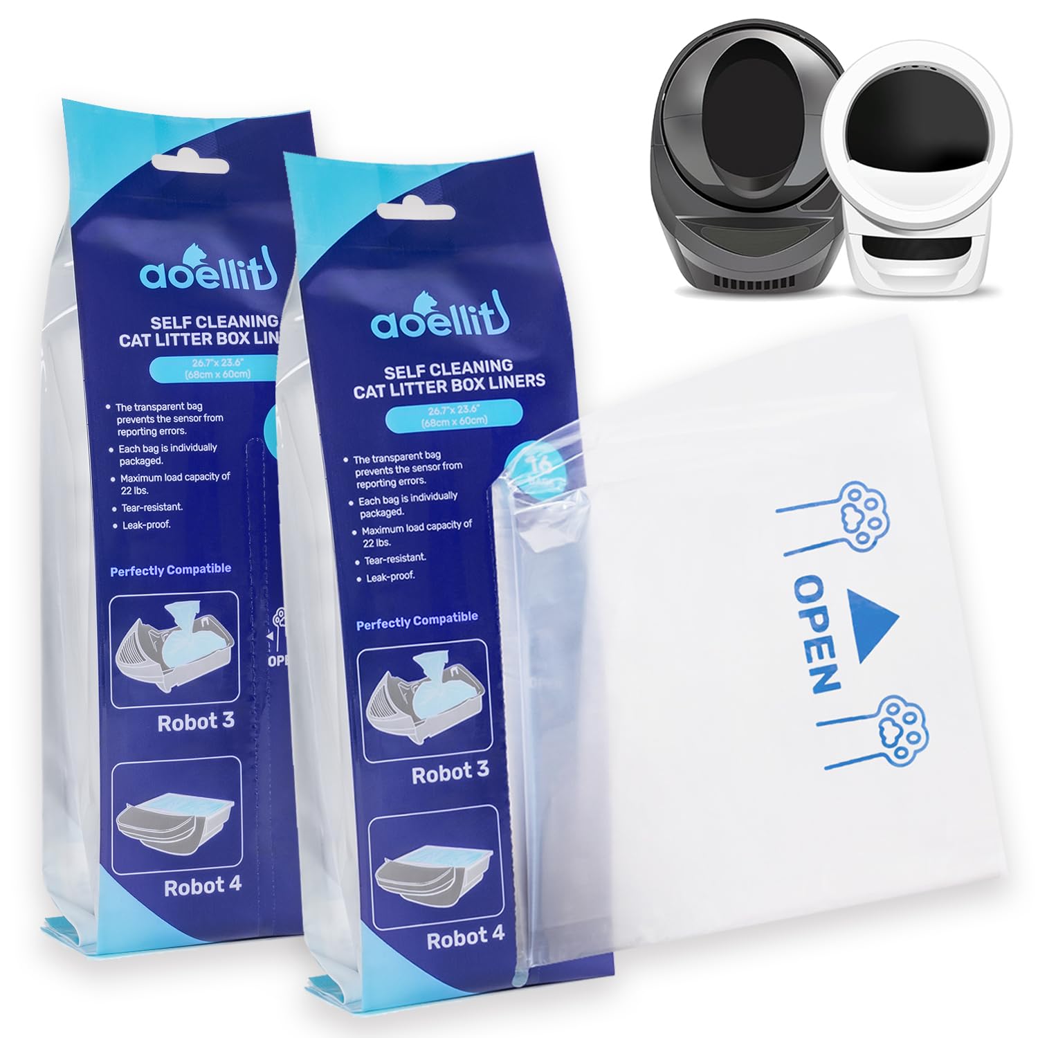 Aoellit 32 Count Litter Box Liners, Litter Robot 4 & 3 Waste Bags, Cat Litter Bags For Self Cleaning Litter Box, Transparent Lit