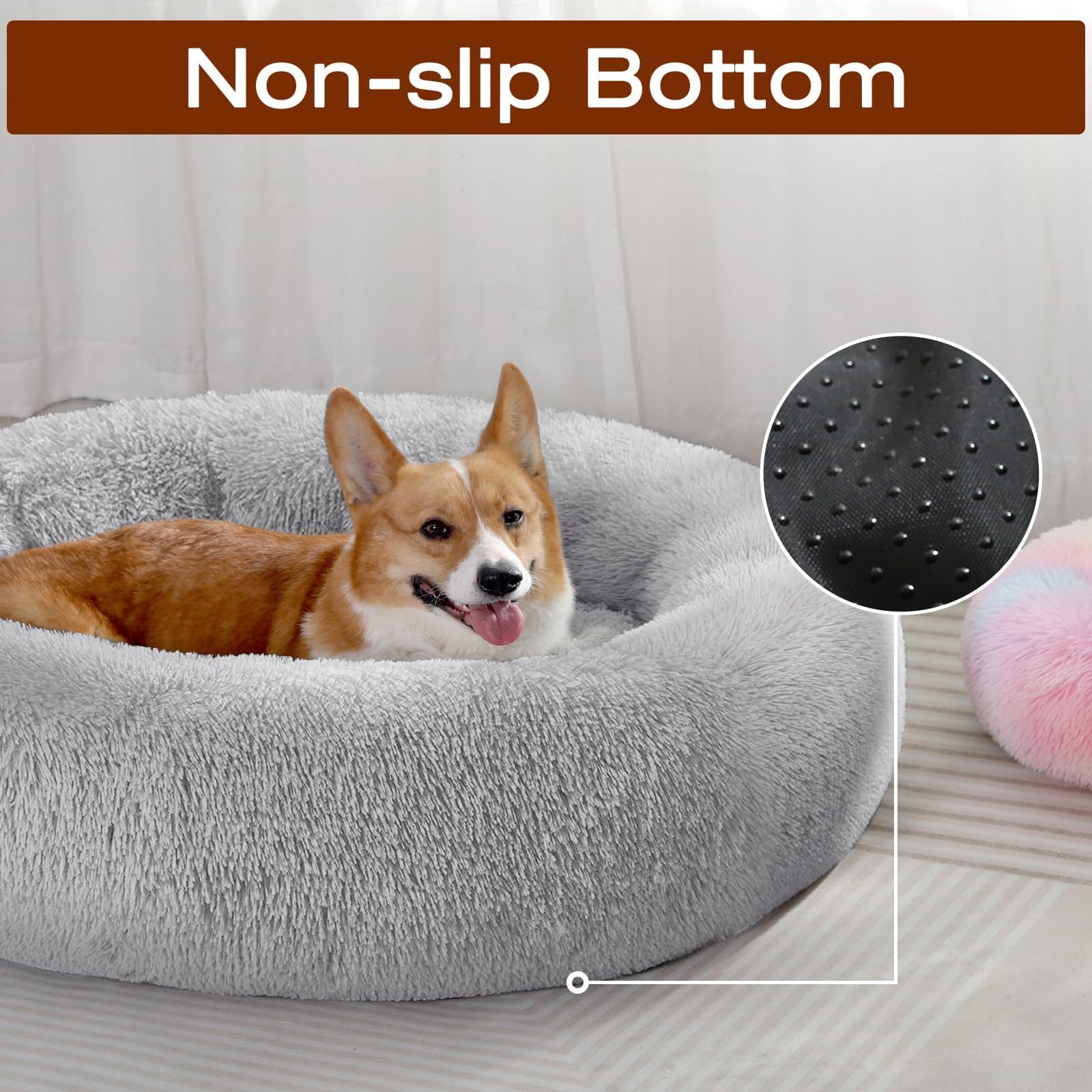 JOLLYVOGUE Dog & Cat Bed - Calming Faux Fur Donut Cushion for Small Pets, 24", Light Grey