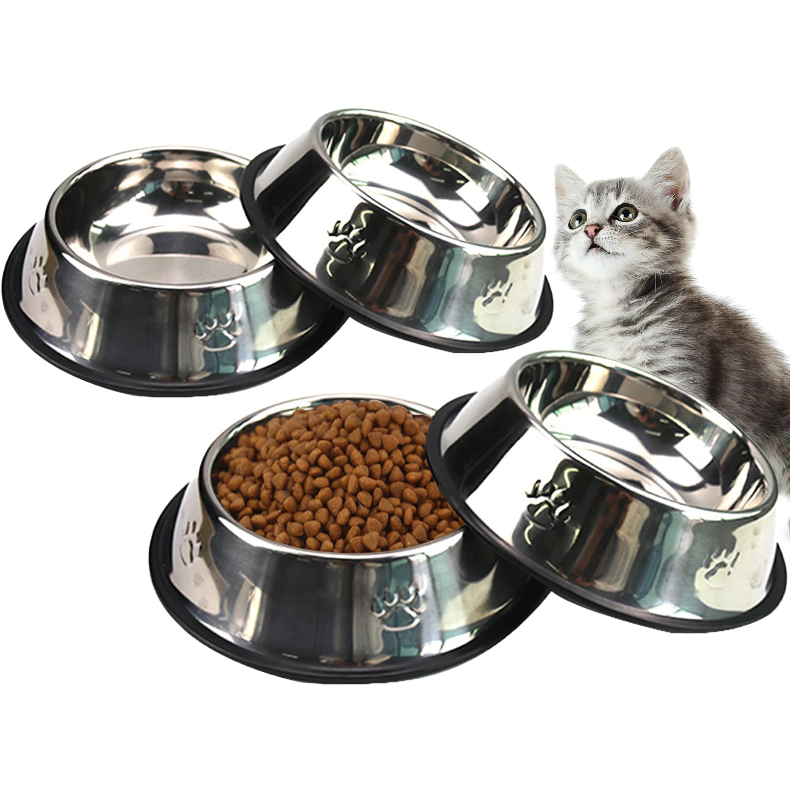 Fhiny 4Pcs Stainless Steel Cat Bowls, NonSlip Cats Water Dish With Rubber Base Stackable Pet Feeding Bowl Durable Multifunction