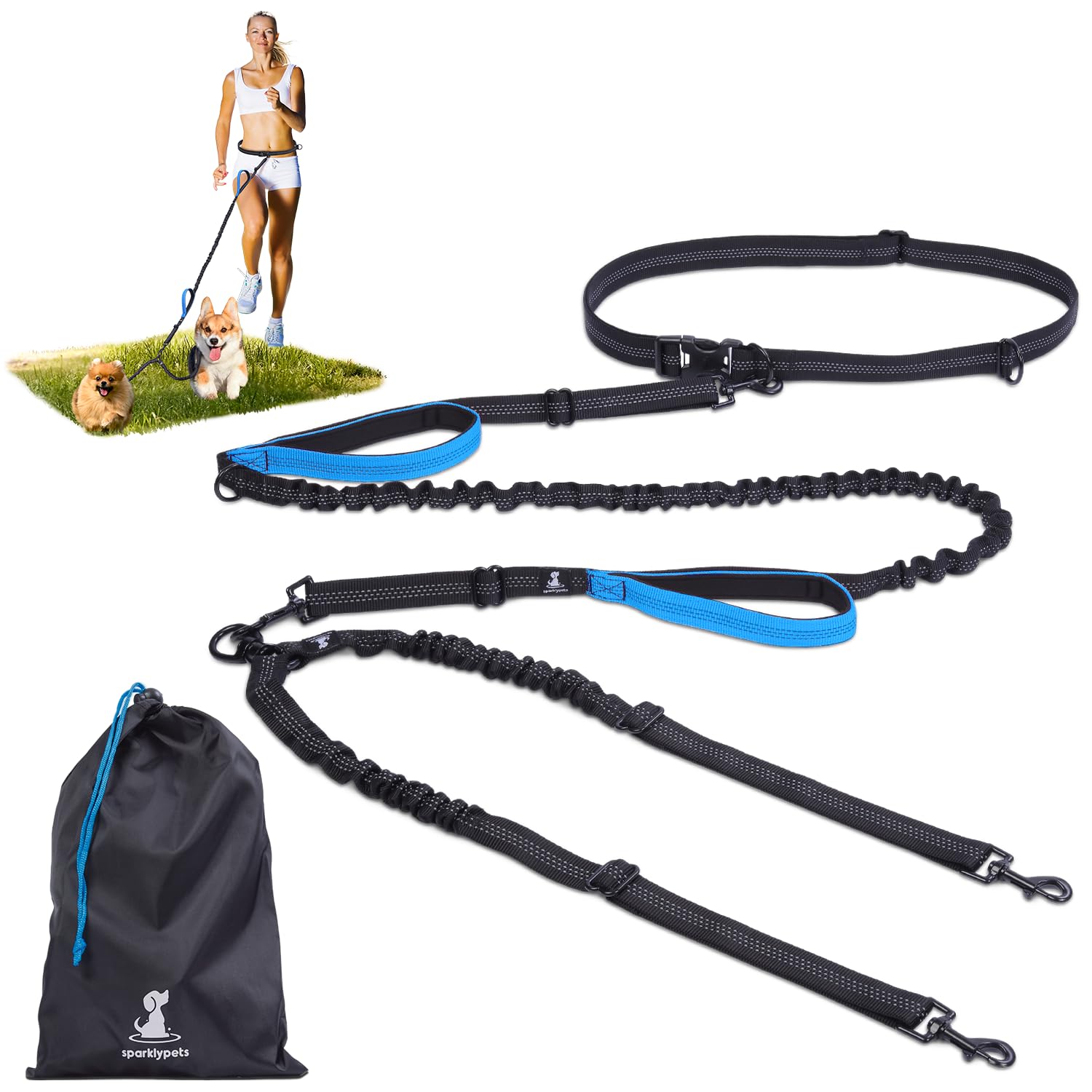 SparklyPets Hands Free Dual Dog Leash - Padded, Reflective, No Pull, Tangle Free for 2 Medium/Large Dogs, Blue