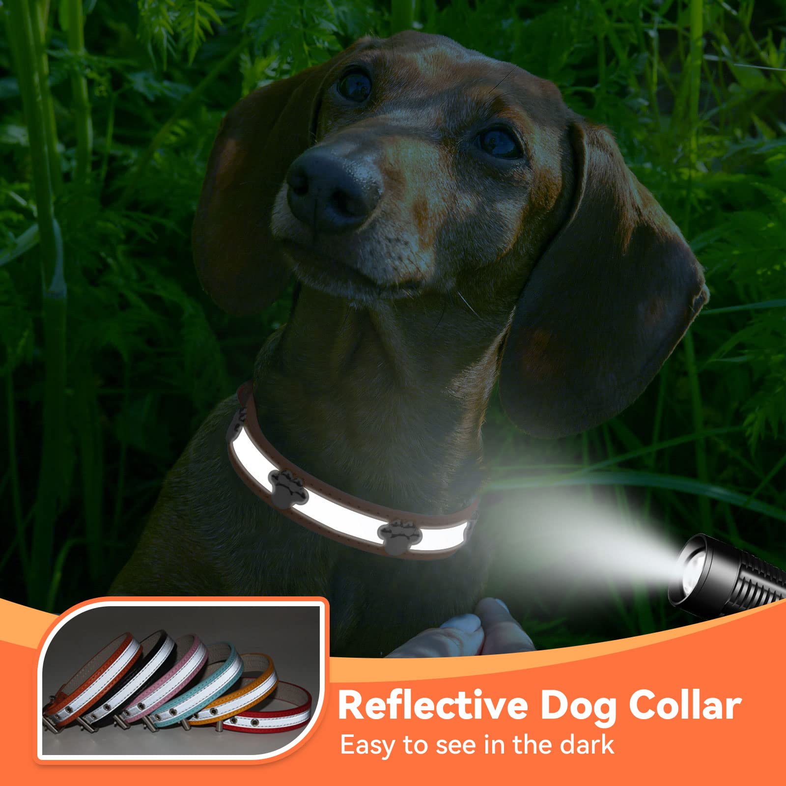 Petcare Reflective Dog Collar With Cute Paw Rivet Studded Funny Soft Pu Leather Adjustable Puppy Dog Collars For Small Medium Large Dogs Cats (Orange,Large)