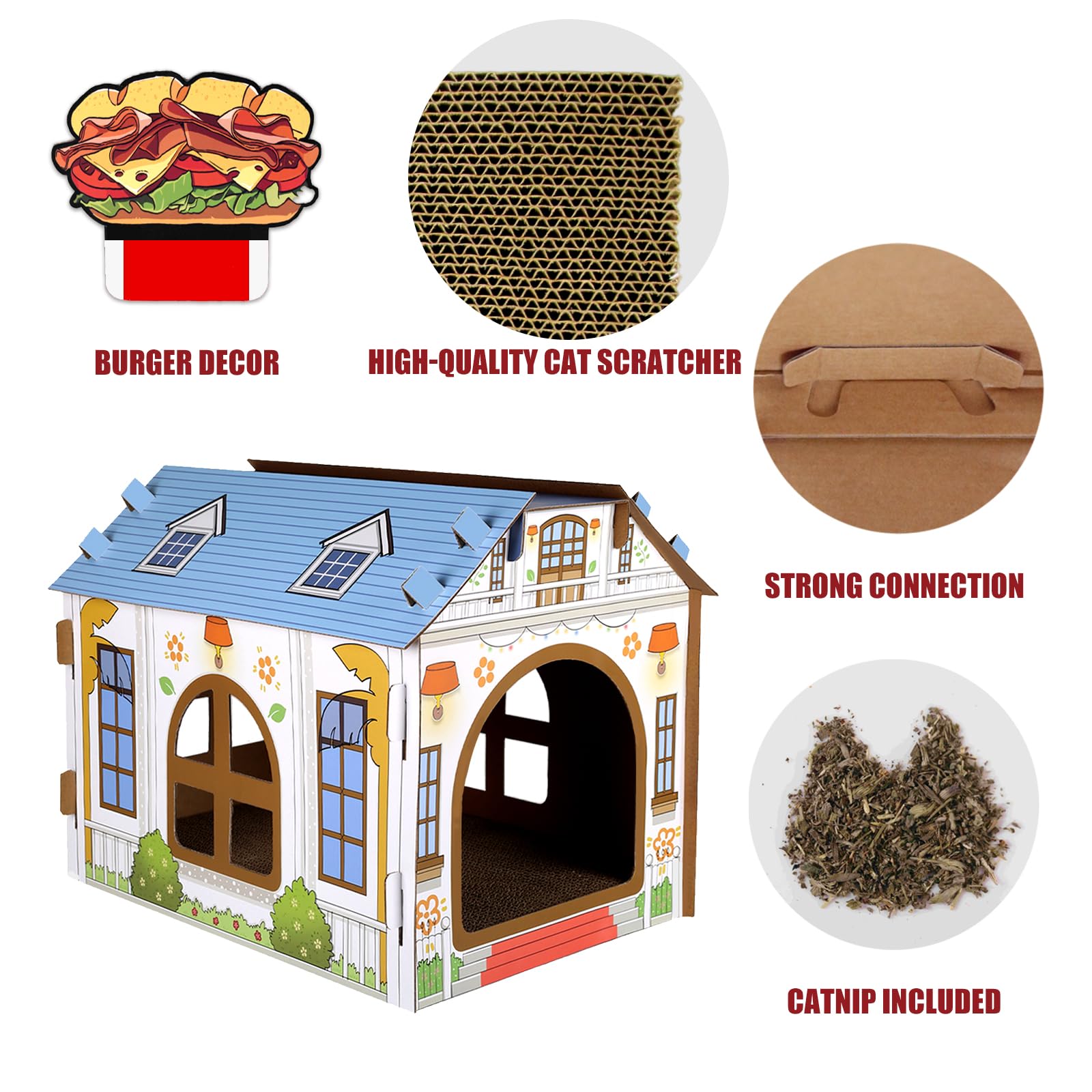 Sekam Cardboard Cat House With Scratcher/Catnip, (16.5''L X 12''W X 13''H) Cat Play House For Indoor Cats, Cat Scratching Toy, Cat Hideaway Furniture For Cat Birthday, Hideout For Bunny Small Animals