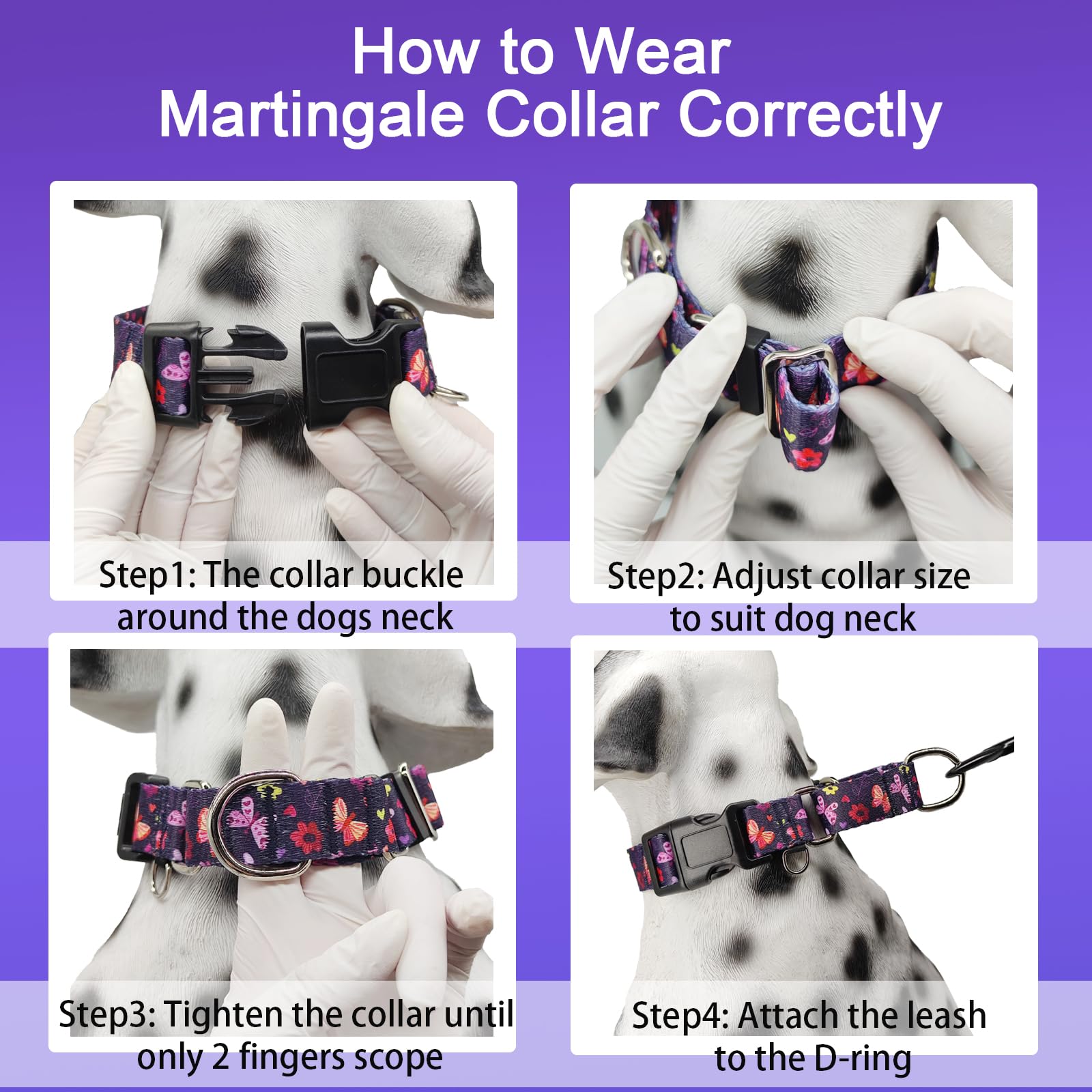 Fidohug Martingale Collar With Buckle Purple Nylon Adjustable Cute Girl Female Dog Collars (Butterfly Floral, Medium)