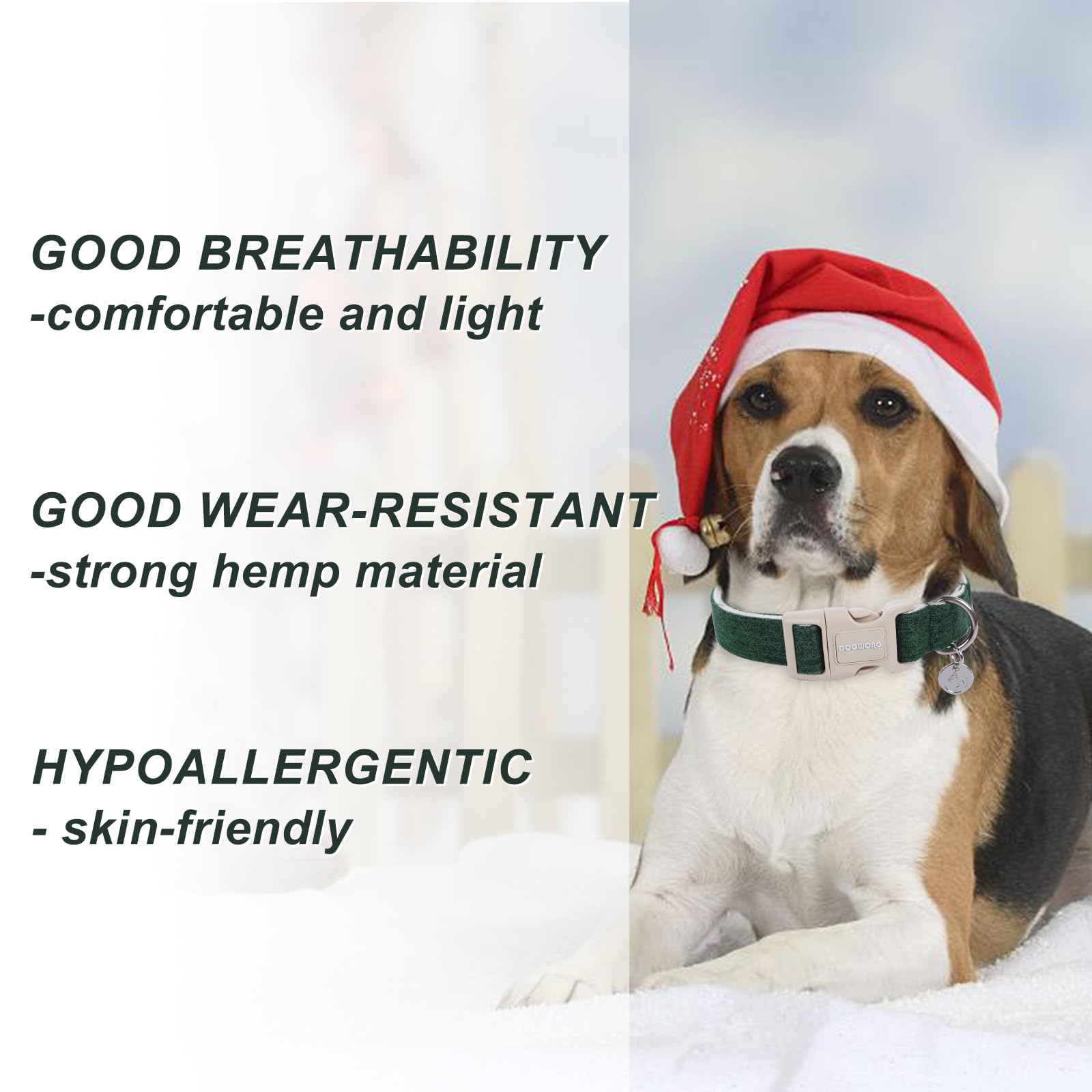 Dogwong Cotton Hemp Dog Collar - Heavy-Duty Adjustable Soft Natural Fabric Pet Collar For Christmas, Holiday - Cute Puppy Neckla