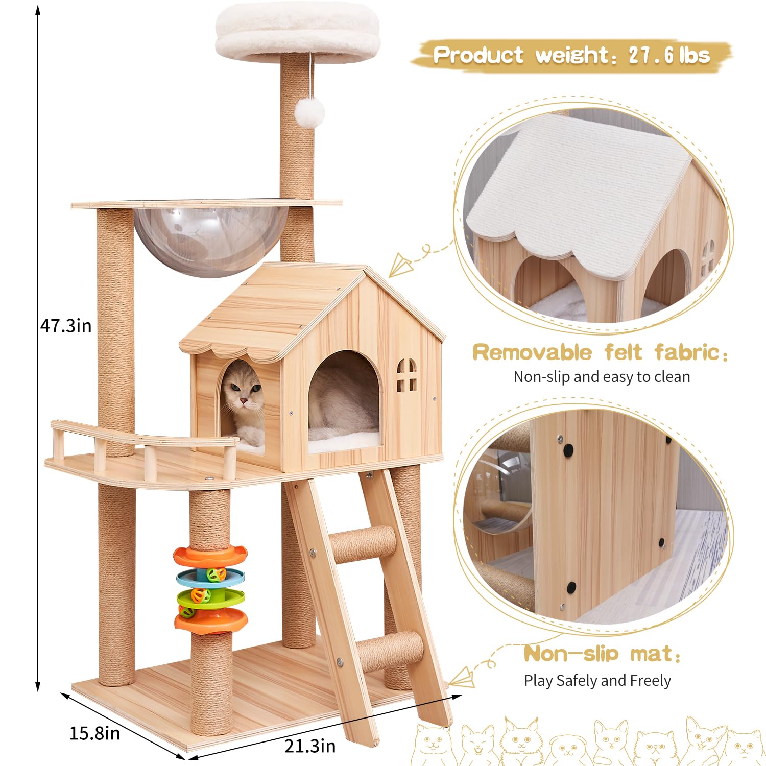 Elegaif Cat Tree Tower, 47.3" Wooden Cat Condo with Acrylic Hammock & Sisal Scratching Posts, Model Cat tree-B66