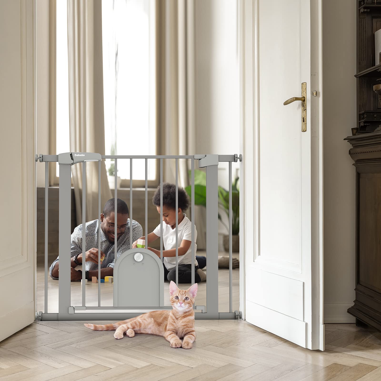 BABELIO Auto Close Baby Gate with Cat Door, 29-43" Wide, 30" Tall, Gray, Alloy Steel, Model CB-M-101